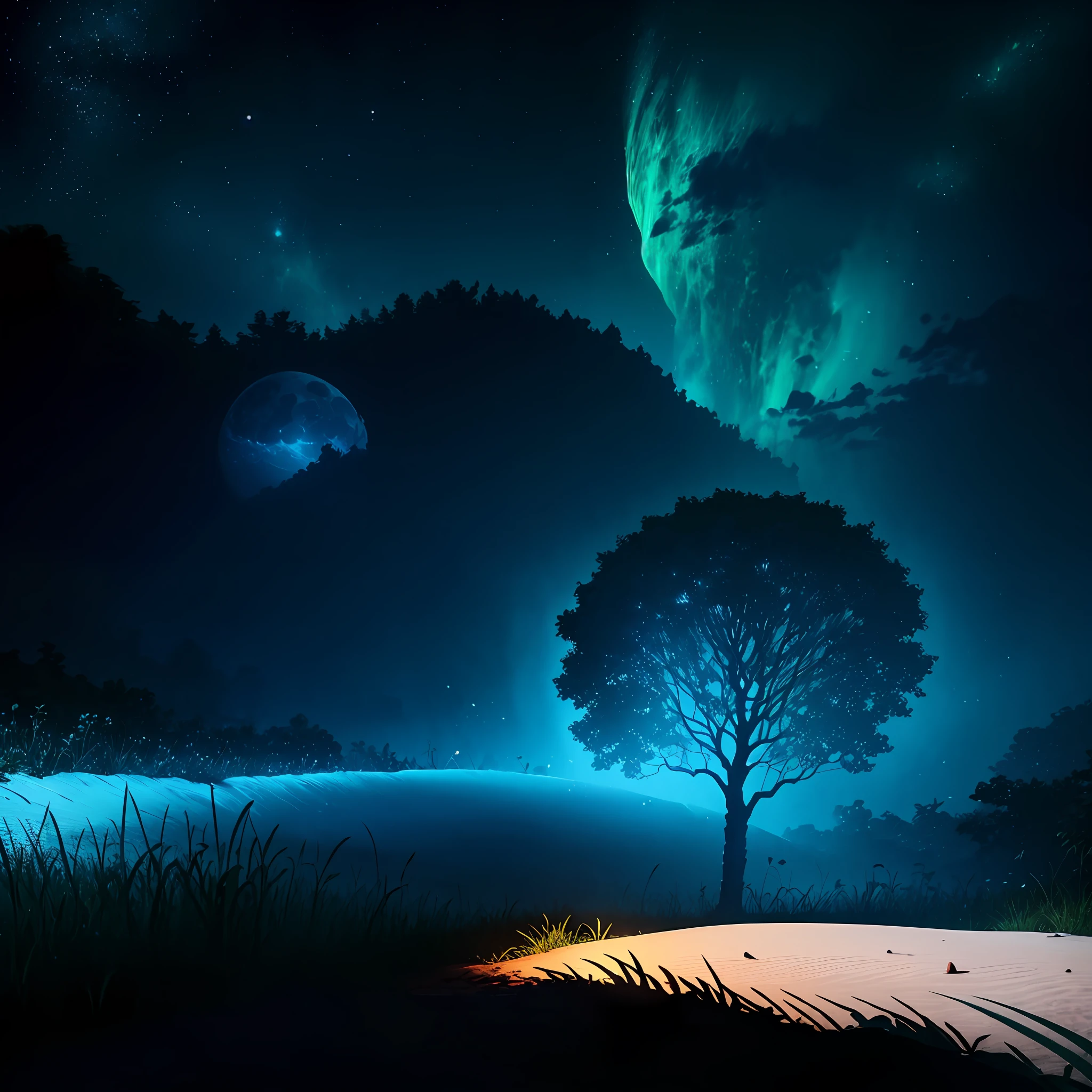 blue tree, with moonlight background, white soil, 500px height 500px width --auto --s2