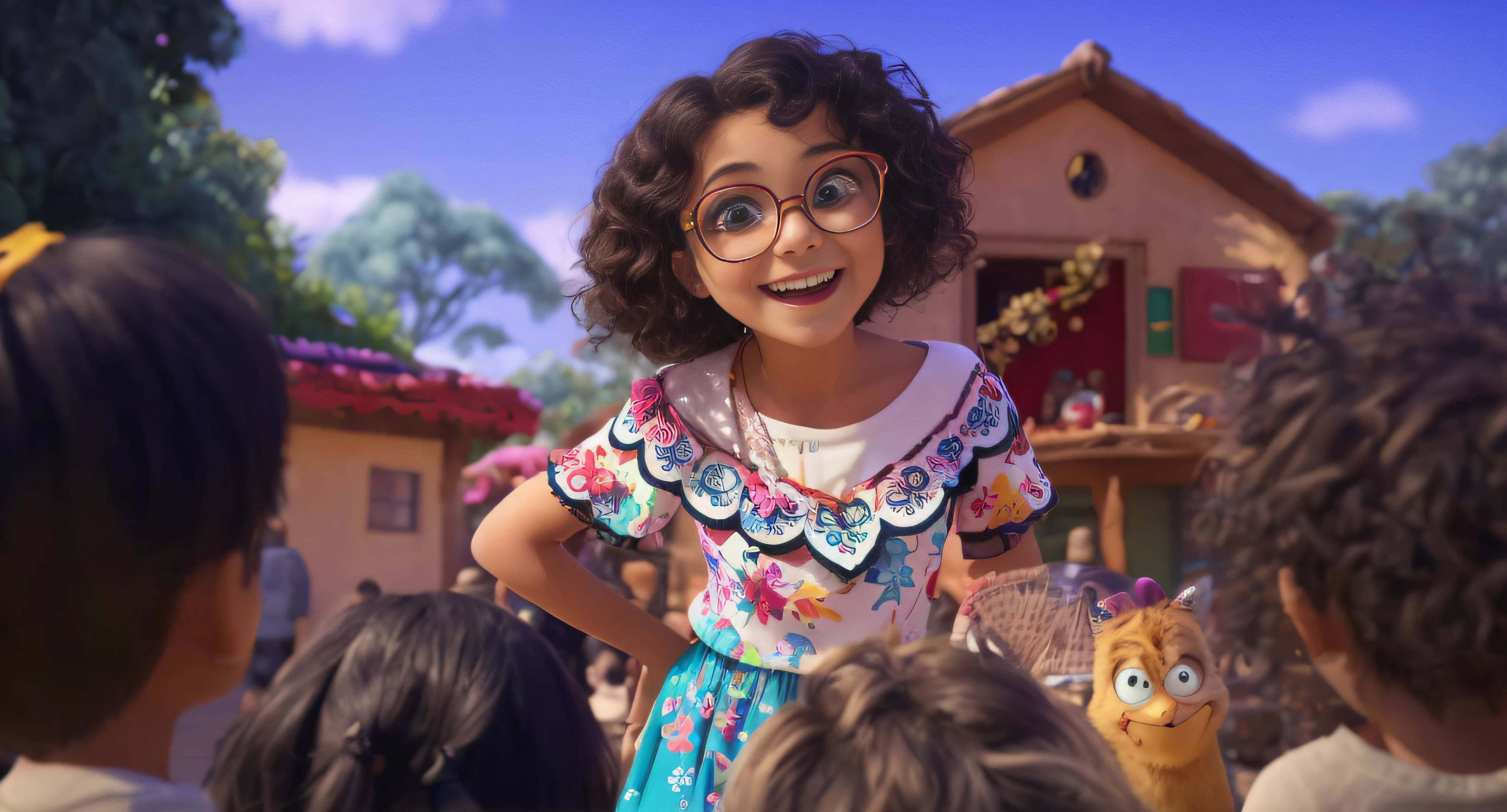 araffe with glasses and a colorful dress standing in front of a group of children, still from a 2015 pixar movie, she is mexican, as a pixar character, a still of a happy, frame from pixar movie, depicted as a pixar character, still from a pixar movie, disney pixar movie still, animated film, she has a cute expressive face --auto