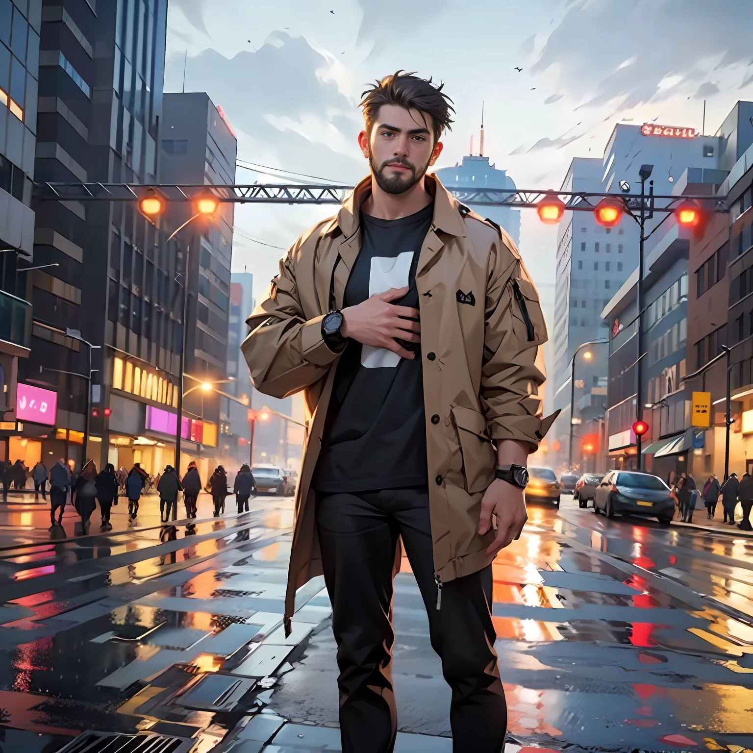 Casual pose, (extremely delicate and beautiful work), (masterpiece), 1boy, full body, pale lips color, overbearing president, black shirt, high detail, oversized t-shirt, brown harrington jacket, thin beard, watch, cold expression, clear eyes, simple bokeh background, extreme detail depiction, handsome and compelling, super fine painting, delicate face, fine mix4, (8k, RAW photo, best quality, masterpiece: 1.2), (realistic, realistic: 1.37), 1boy, handsome, cityscape, (((night))), rain, wet, professional lighting, photon mapping, radiosity, physically-based rendering,