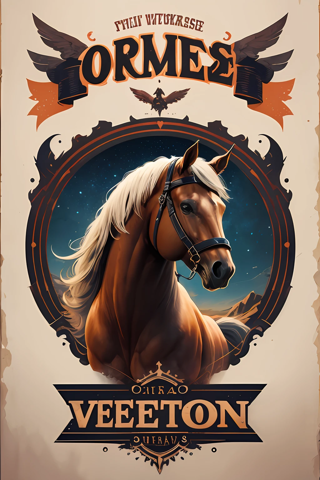 Logo on vector horsehead, silhuetas, vetorial, Wild West Stile, Faroeste, moldura redonda, Wordless poster, capa com cores vibrantes