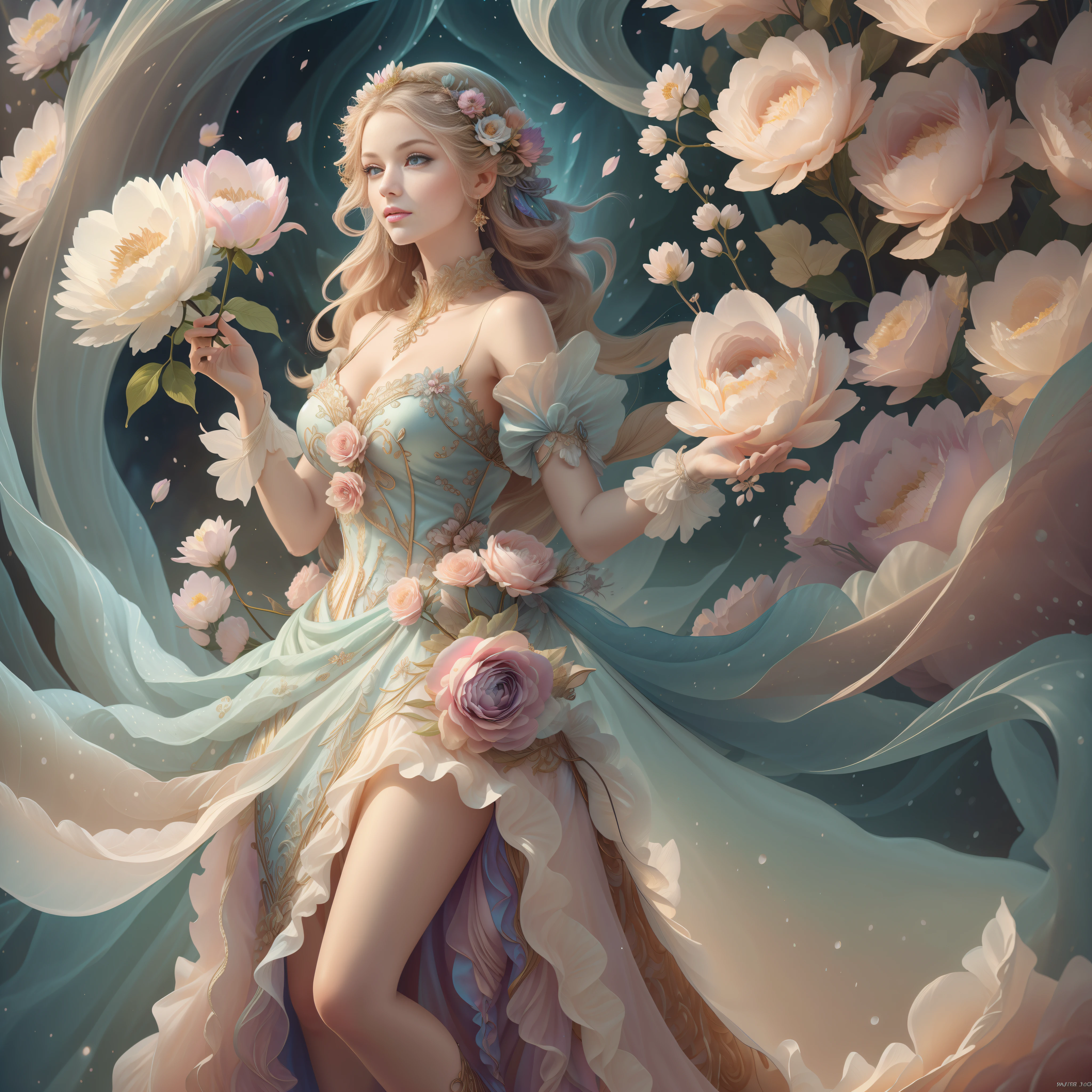 a spring goddess wearing a majestic,flowers dress, big beautiful dress, intricate puffy ball gown with lots of ruffles and rhinestones (Masterpiece, Top Quality, Best Quality, Official Art, Beautiful and Aesthetic: 1.2), (1 Flower), Upper Body, Extremely Detailed, (Fractal Art: 1.3), Colorful, Most Detailed