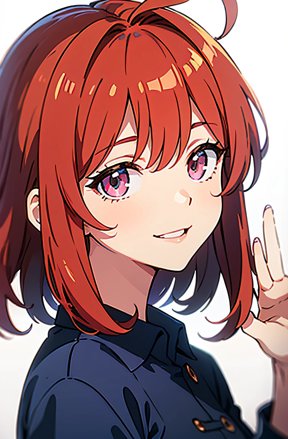 Gentle and attractive beautiful Chinese woman、half body photo、smile on face、red hairs、bobhair、Ahoge、Black polo shirt、Dark blue jeans、charming oval face、双眼皮、Bright peach blossom eyes、Pink lips、a small nose、Focused face、facial close-up、Ultra-high-resolutiondefinition、super detaill、Elegant standing position、open arms、独奏