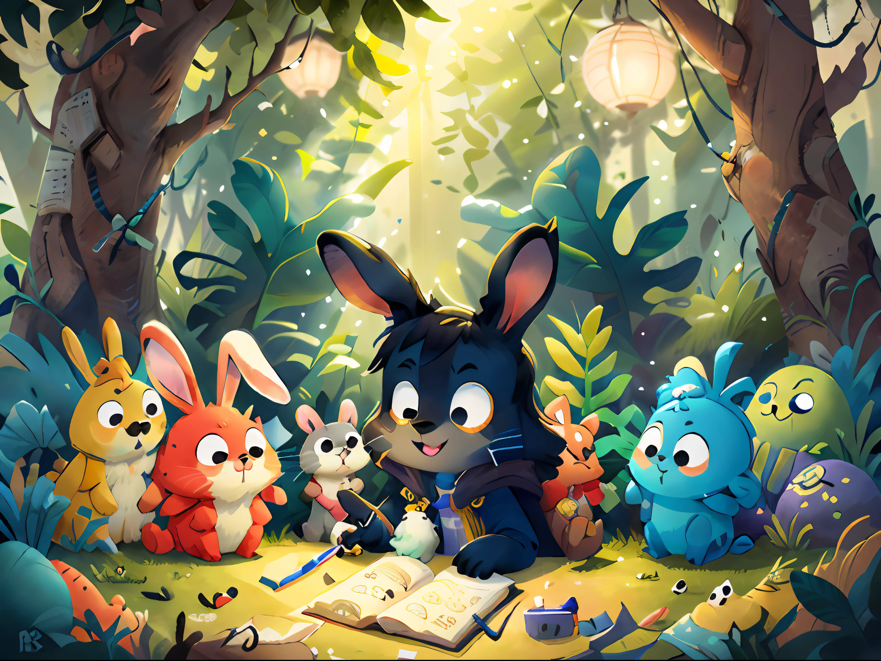 Create a 3D image of billy the curious rabbit and his friends in the enchanted garden with different backgrounds in the background for a detailed background children's ebook, obra-prima, melhor qualidade, sorriso, ornamento, capuz, retrato, neon azul, graffiti, escuro, noite, olhos brilhantes, luz negra