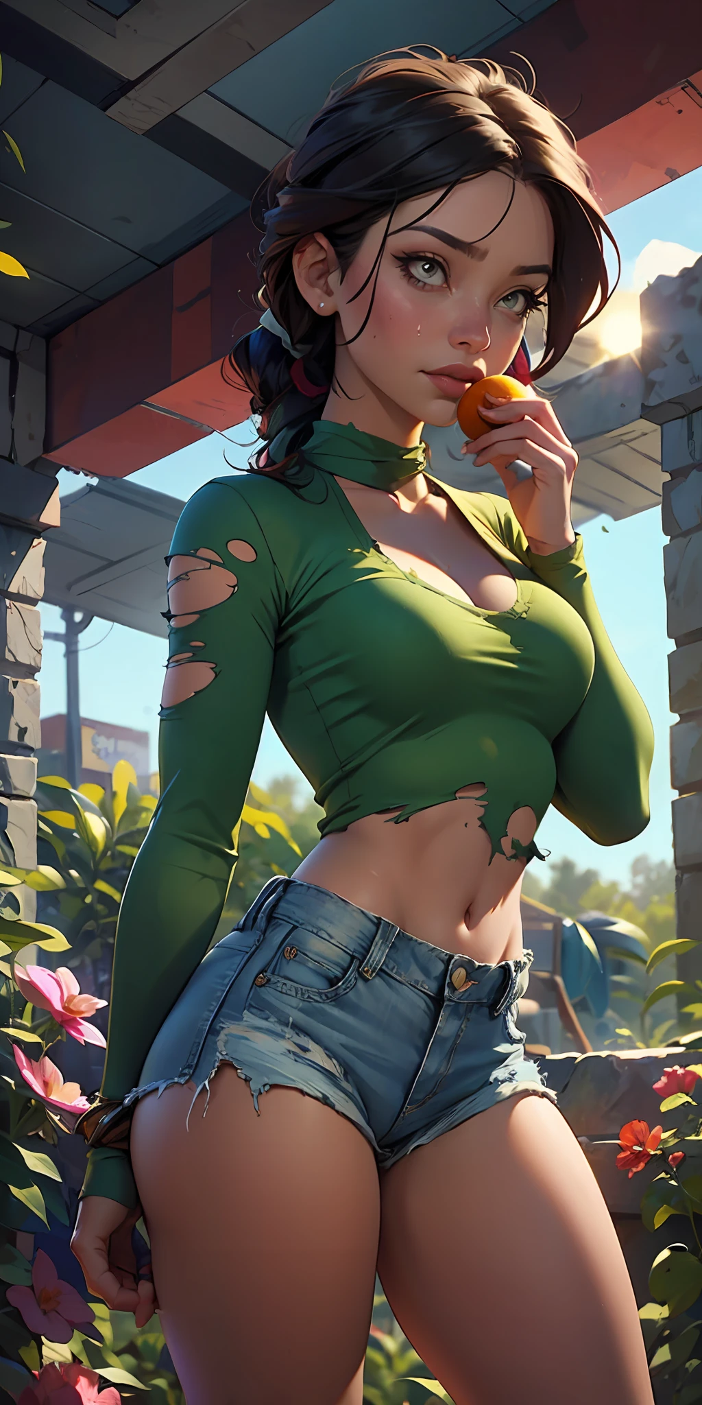 2076 year. N.uh. The Urban Ruins of the Wasteland, Female huntress picking fruit in the garden, torn shirt and denim shorts , sweating through, sun rising, Nice warm colors
