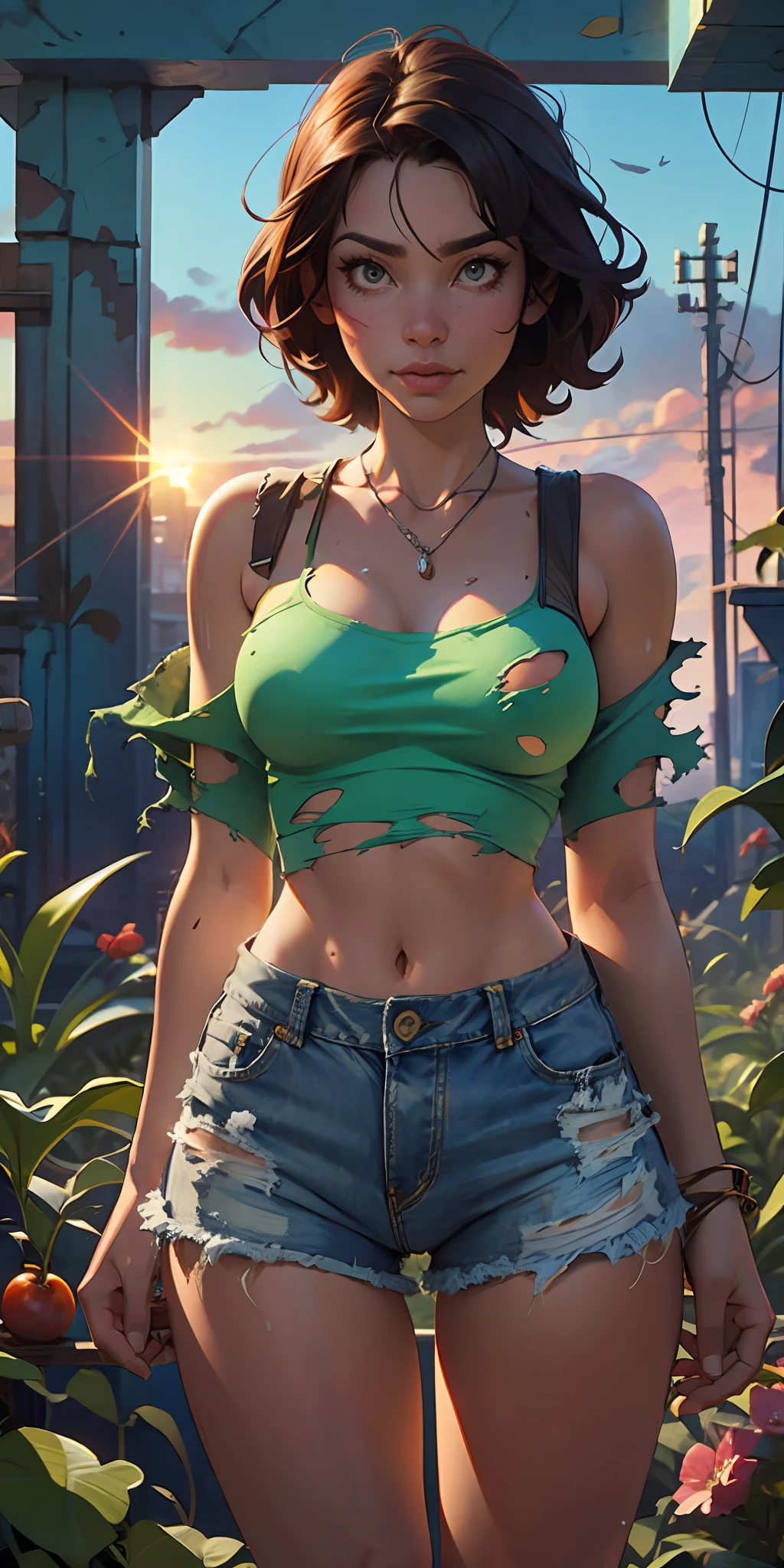 2076 year. N.uh. The Urban Ruins of the Wasteland, Female huntress picking fruit in the garden, torn shirt and denim shorts , sweating through, sun rising, Nice warm colors