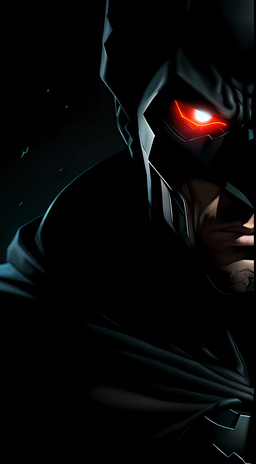 (Dark shot: 1.1), Epic Realistic, Terminator Batman in the dark with glowing eyes and glowing cape, soft cinematic light, Adobe Lightroom, photolab, HDR, intricated, Highly detailed, (dof: 1,4), hyper-detail (Artstation: 1,4), Cinematic, warm lights, Dramatic light (intricate detail: 1,1)