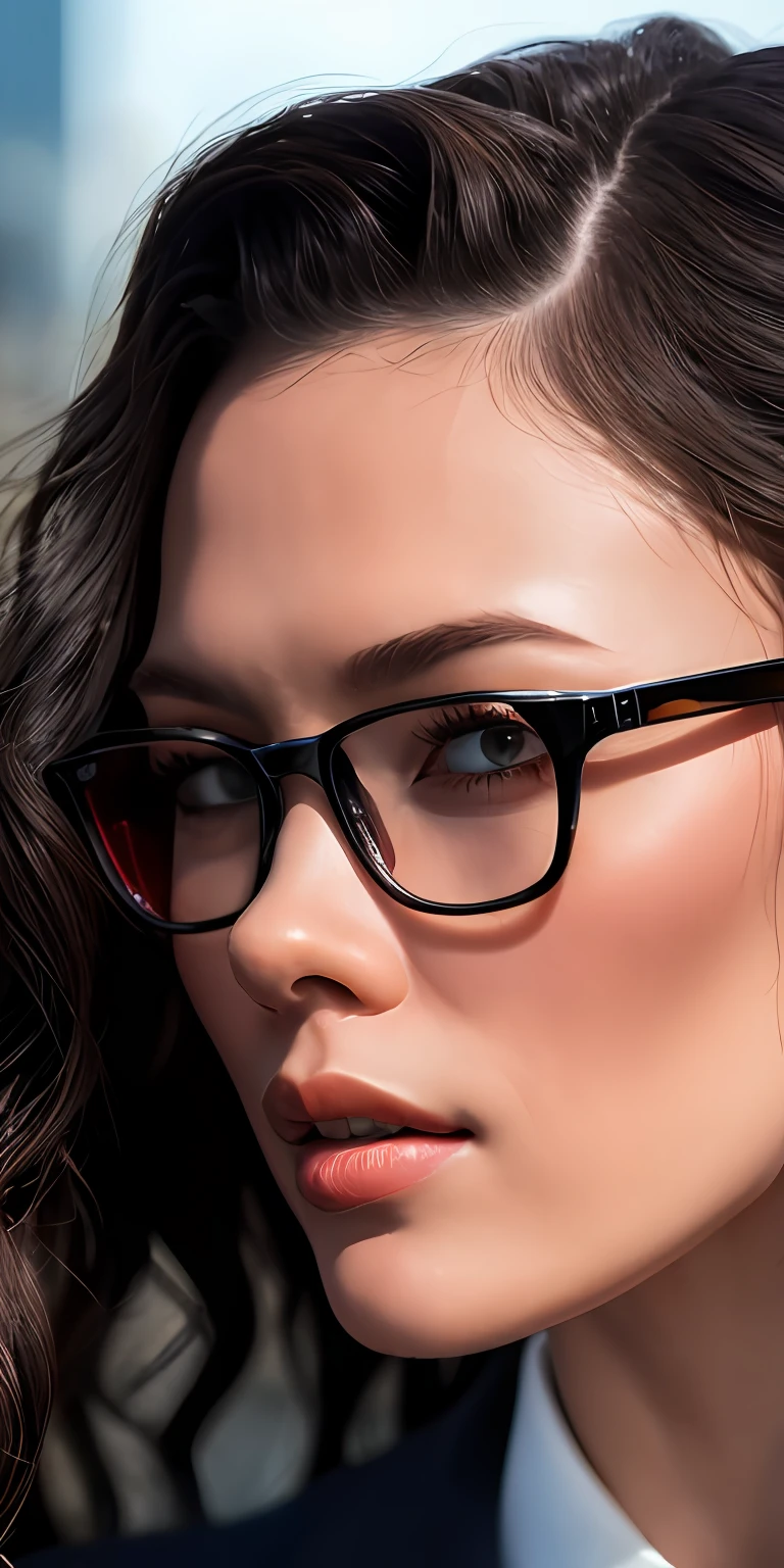 Full face portrait photo of 25 year old European girl, RAW, beautiful woman, semi-open strawberry lip, dimples, wistful expression, (brown hair with extra long wavy), ((detailed face)), ((detailed facial features)), (fine detailed skin), pale skin, (detailed dark blue business suit with deep neckline), Cyberpunk megacity environment, (cool colors), wet, damp, reflection, (masterpiece) (perfect proportions) (realistic photos) (highest quality) (detail) shot with Canon EOS R5, 50mm lens, f/2.8, HDR, (8k) (wallpaper) (cinematic lighting) (dramatic lighting) (sharp focus) (complex), raw photos, raw photos, gigachad photos, Camera Pose, Back Arm, 8K UHD, DSLR, High Quality, Grain Film, Fujifilm XT3, Film Stock Photo 4 Kodak Portra 400 Camera F1.6 Lens Rich colors Ultra-realistic textures Dramatic lighting Unreal Engine Art Station Trends Cinestir 800 Tungsten, Toughboy Style, Ultra Focus Faceintimidating, muscular, bursting veins, beads, ((black and long curly, ponytail)), wear glasses,