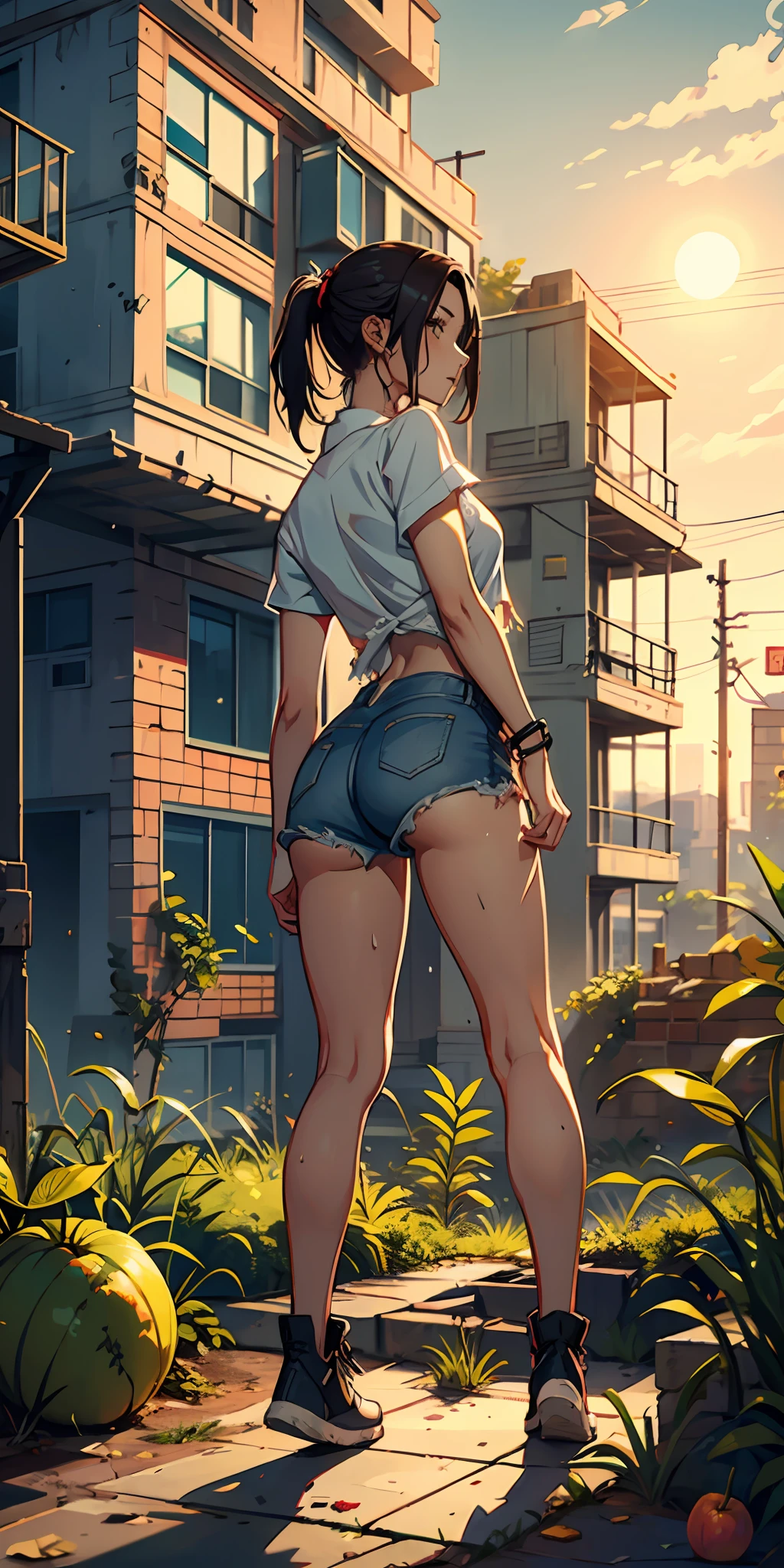 2076 year. N.uh. The Urban Ruins of the Wasteland, Female huntress picking fruit in the garden, torn shirt and denim shorts ,  sweating through, sun rising, Nice warm colors