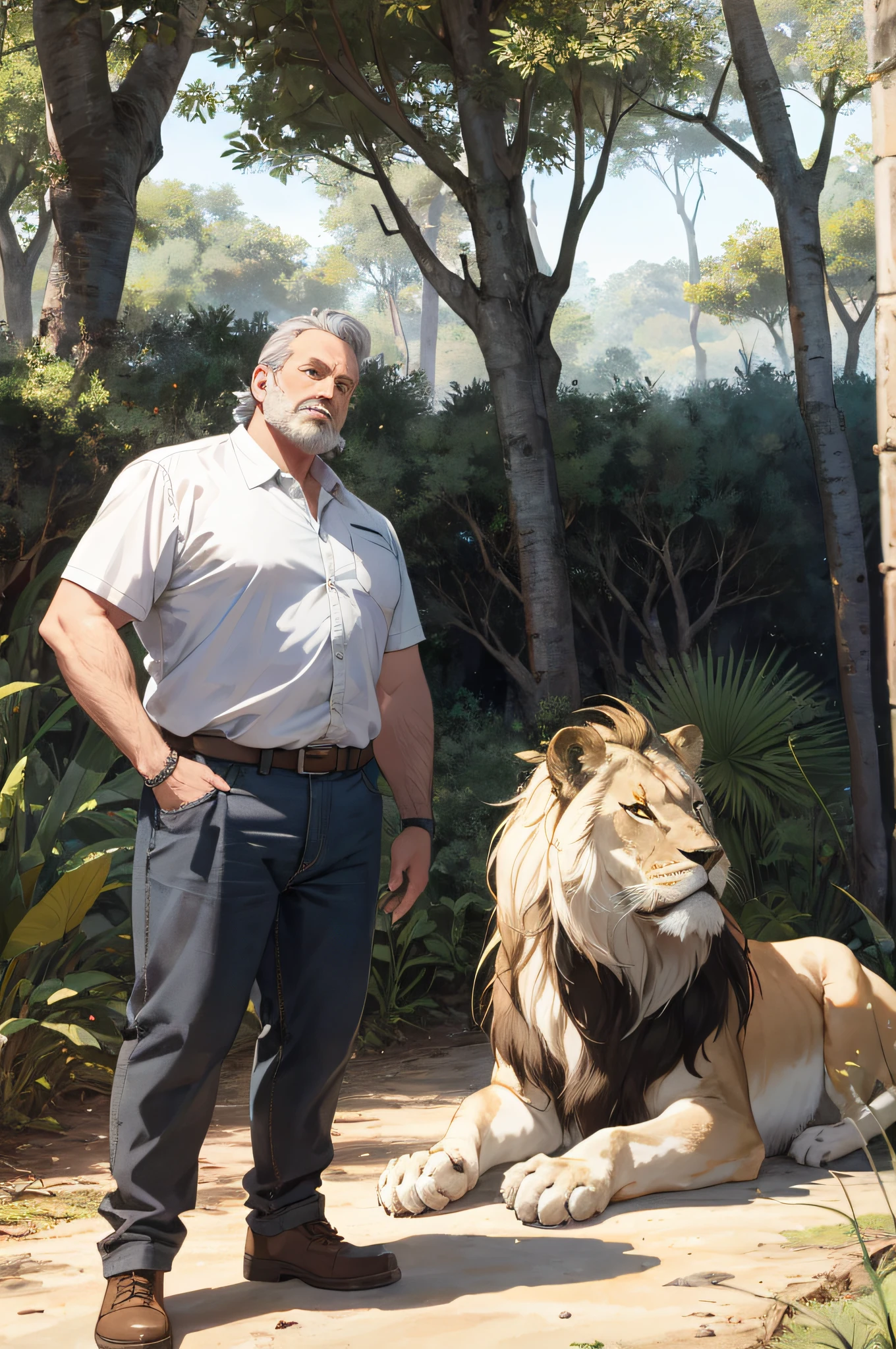 Um homem branco, brasileiro de 60 anos, gordo , calvo , lion with mane,in an African forest petting a lion