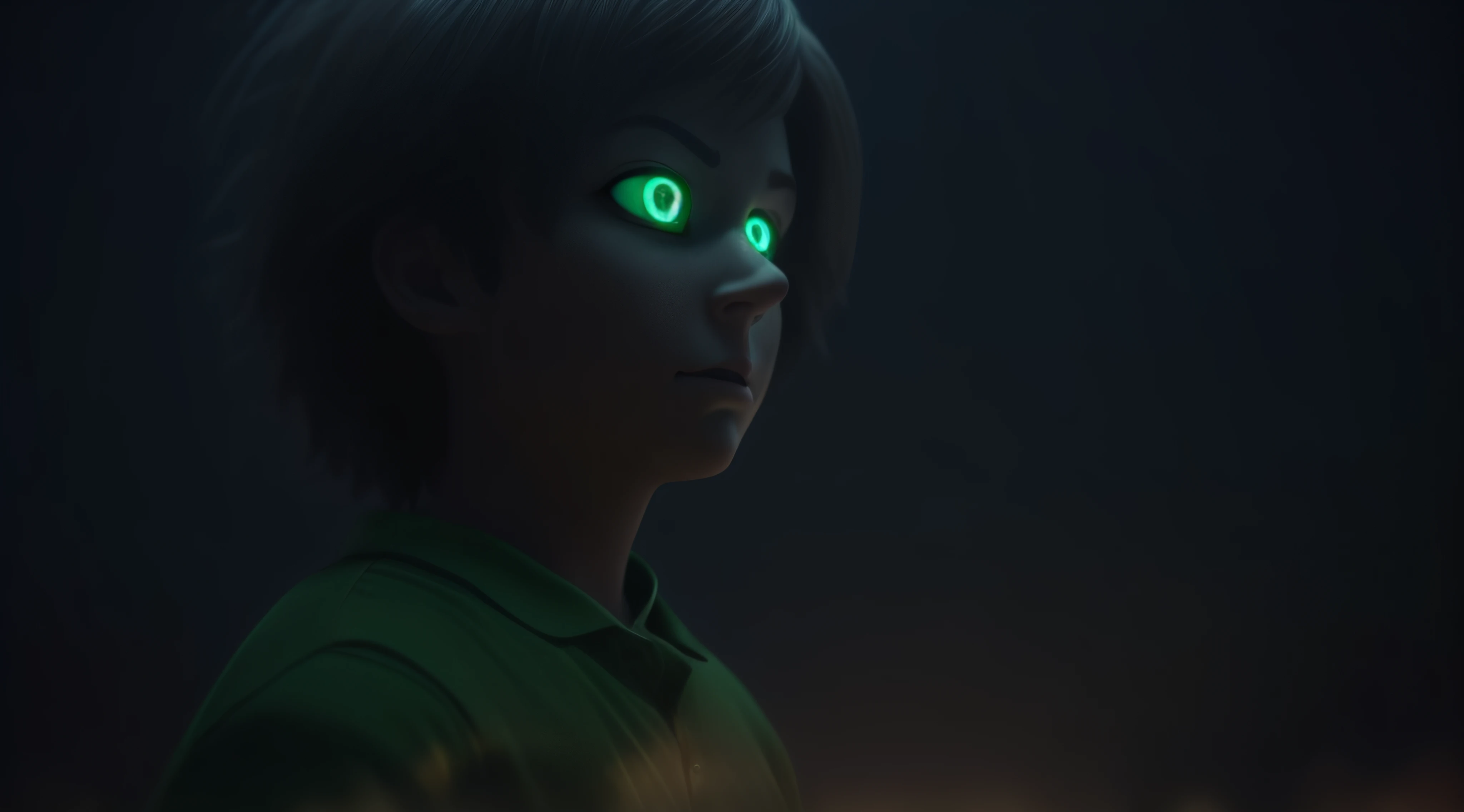there is a man with green eyes and a green shirt, green glowing eyes, large glowing eyes, still from animated horror movie, eerie glowing eyes, detailed cinematic shot, his eyes are red and glowing, numerous dimly glowing eyes, with glowing eyes, bright glowing eyes like leds, pixar octane render, beautiful and cinematic lighting, detailed cinematic render, magical glowing eyes --auto