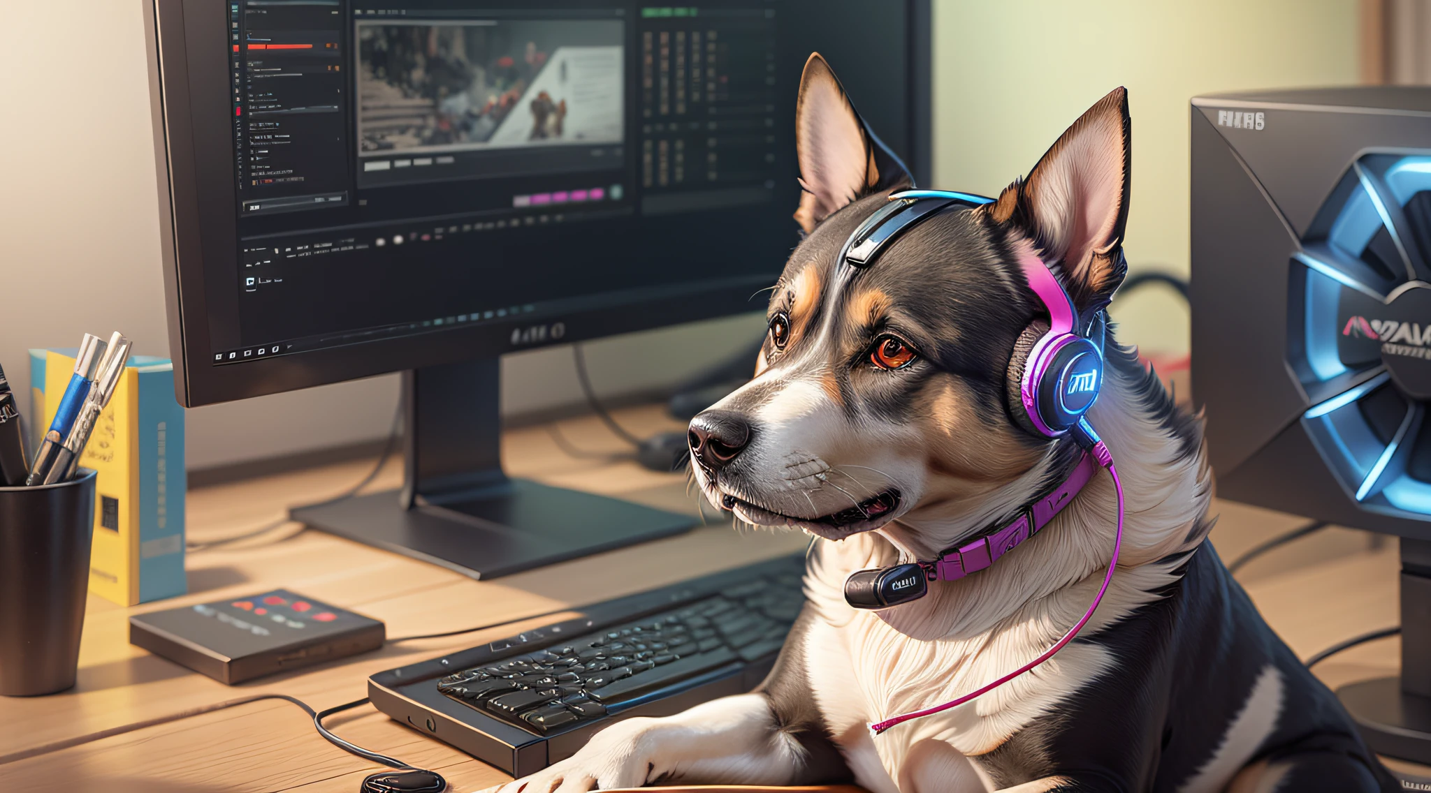 A photorealistic portrait of a dog wearing a gaming headset while sitting in a gaming chair in front of a gaming PC