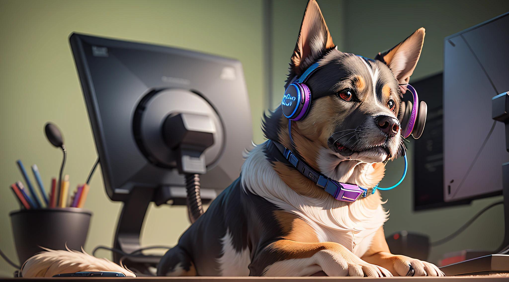 A photorealistic portrait of a dog wearing a gaming headset while sitting in a gaming chair in front of a gaming PC