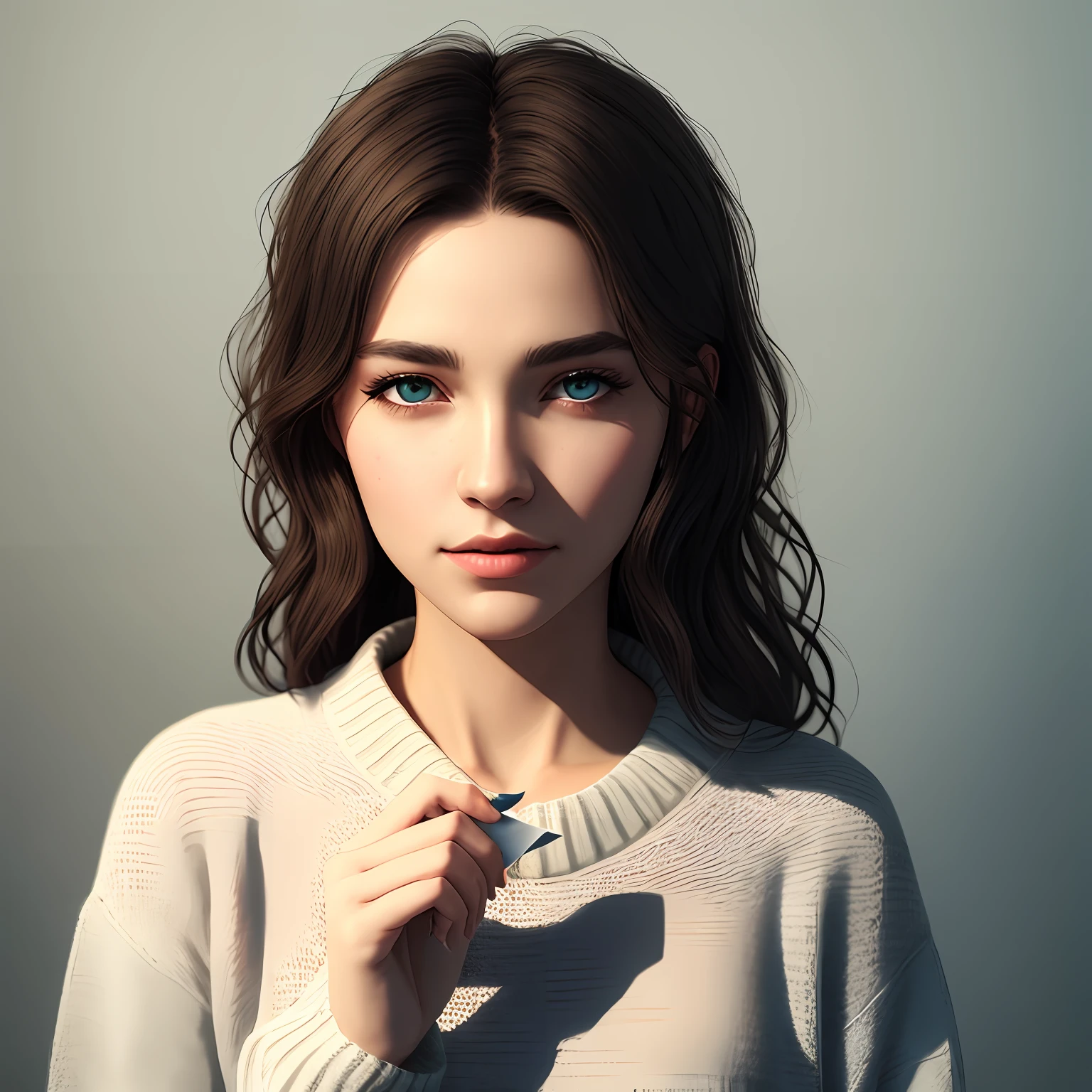 wearing (sweater), portrait, beautiful face, holding up a small blank piece of paper, pretty eyes, eyes open, hyper realistic, lifelike texture, natural lighting, unreal engine, trending on artstation, cinestill 800,