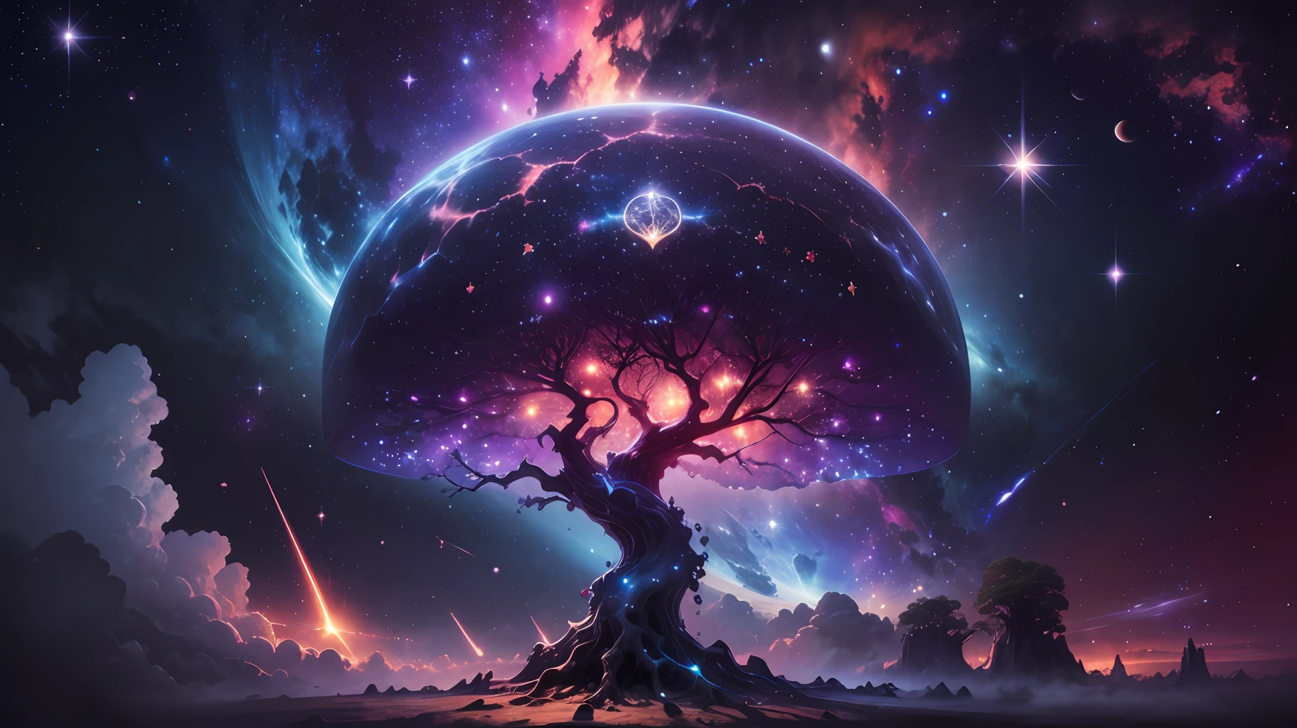 Piano, galaxia ((magical) tree of life), (night sky), (stars), artwork, (space dust), (nebula), concept art, high definition, high detail, intricate, (masterpiece: 1.2), (best quality: 1.2) --auto --s2