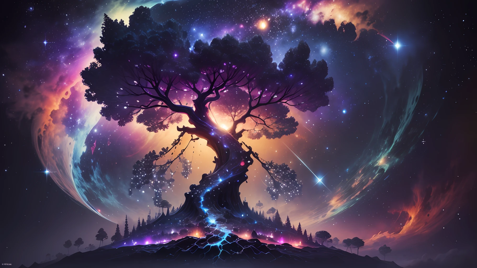 Piano, galaxia ((magical) tree of life), (night sky), (stars), artwork, (space dust), (nebula), concept art, high definition, high detail, intricate, (masterpiece: 1.2), (best quality: 1.2) --auto --s2