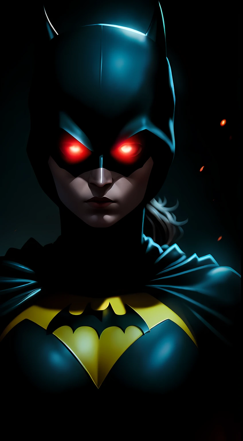 (Dark shot: 1.1), Epic Realistic, Terminator Batgirl in the dark with glowing eyes and glowing cape, soft cinematic light, Adobe Lightroom, photolab, HDR, intricated, Highly detailed, (dof: 1,4), hyper-detail (Artstation: 1,4), Cinematic, warm lights, Dramatic light (intricate detail: 1,1)
