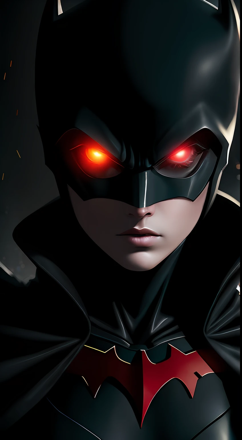 (Dark shot: 1.1), Epic Realistic, Terminator Batgirl in the dark with glowing eyes and glowing cape, soft cinematic light, Adobe Lightroom, photolab, HDR, intricated, Highly detailed, (dof: 1,4), hyper-detail (Artstation: 1,4), Cinematic, warm lights, Dramatic light (intricate detail: 1,1)