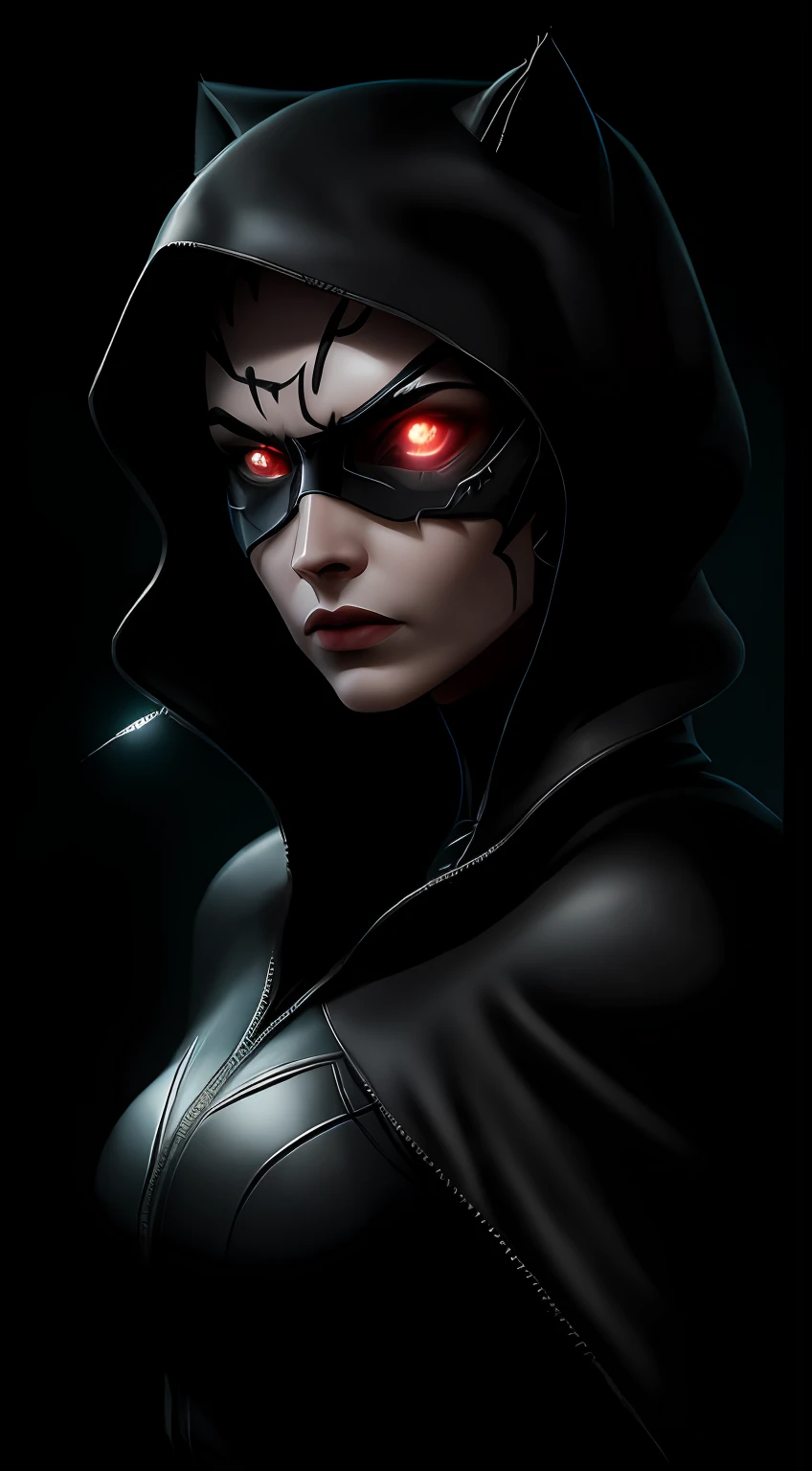 (Dark shot: 1.1), Epic Realistic, Terminator Catwoman in the dark with glowing eyes and glowing cape, soft cinematic light, Adobe Lightroom, photolab, HDR, intricated, Highly detailed, (dof: 1,4), hyper-detail (Artstation: 1,4), Cinematic, warm lights, Dramatic light (intricate detail: 1,1)
