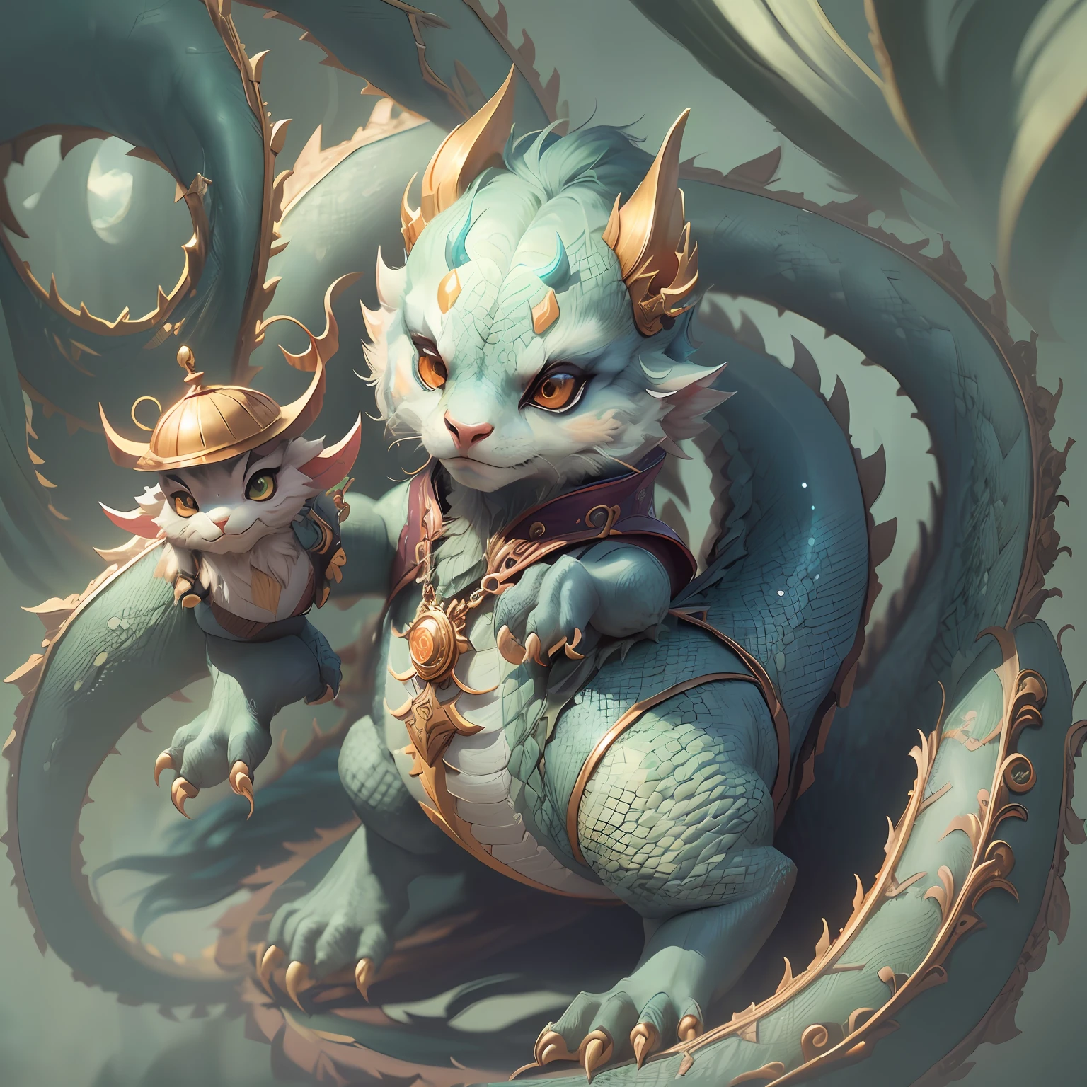 there is a dragon with a hat on its head and a dragon with a hat on its head, wlop e ross tran, painting digital adorable, Vencedor do concurso CGSetline!!, arte digital detalhada bonito, Vencedor do concurso Artstation, Vencedor do concurso CGSetline!!!, Arte de Wlop e Greg Rutkowski, Vencedor do concurso CGSetline, trending in cgsociety, Directed by: Ryan Yee