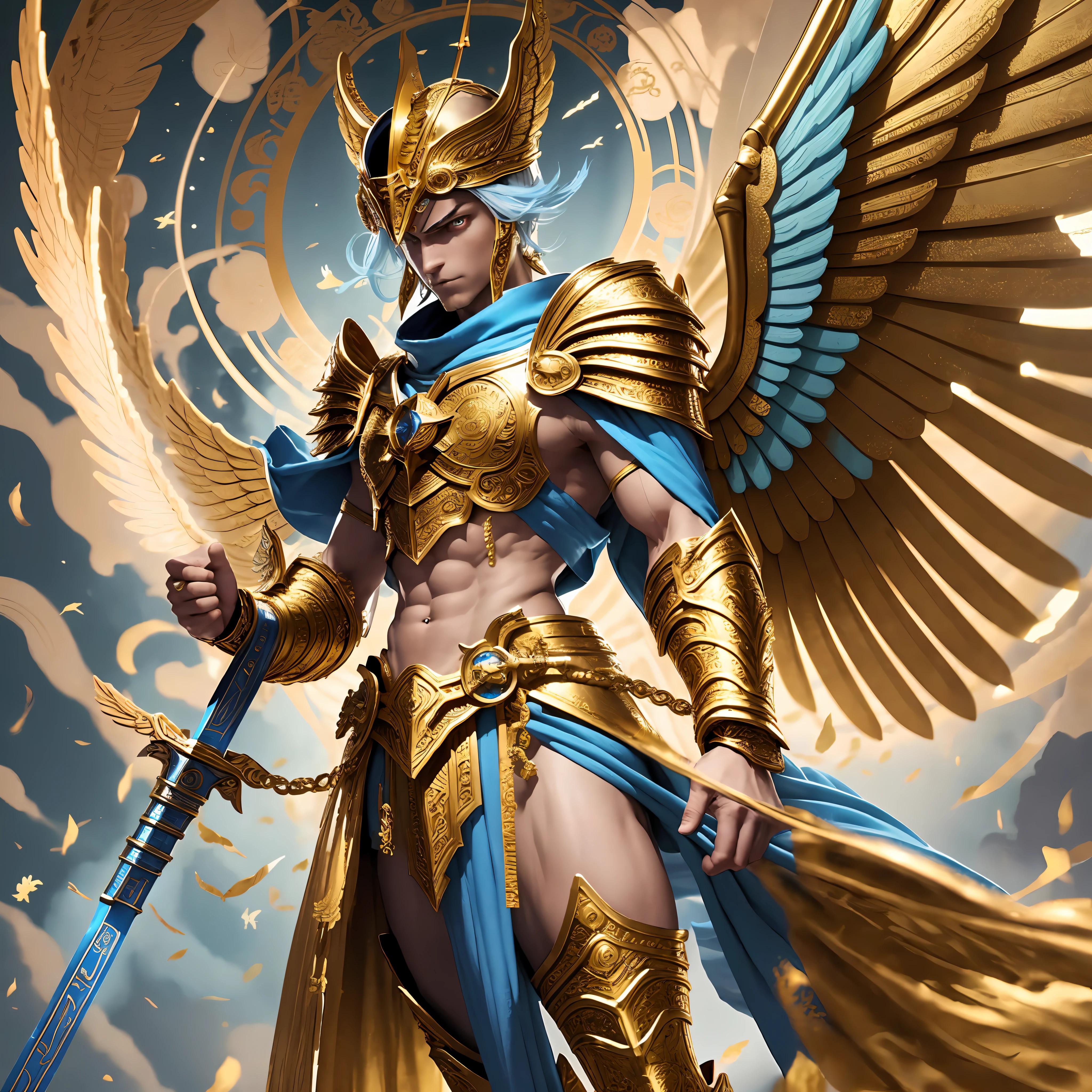 Make hermes the messenger God, male, malevolent posture, golden helmet with wings small armor, very thin, shoes with wings, blue and gold and white robe --auto --s2