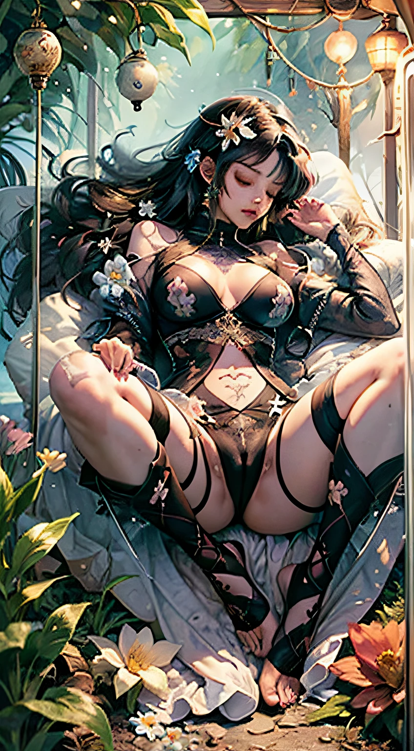 Sleeping Beauty, by Bella🦋 full body, beautiful girl sleeping, room with mirror, girl sleeping on bed and sheets, old clock and lamp on table, full body, black hair, Transparent clothing,open legs, view of pubic hair, 1 sexy girl in transparent forest clothes,exposed breasts, open transparent t-shirt,mandala and flower tattoos, La mejor calidad, Obra maestra, llustration, muy delicado y hermoso, muy detallado, CG, Unidad, Fondo de pantalla de 8k, ridiculous, huge filesize, lente muy ancha, Luz suave,Sleeping Beauty, by Bella🦋 full body, beautiful girl sleeping, full body, black hair, Transparent clothing, slight smile,, open legs, view of pubic hair, 1 sexy girl in transparent forest clothes,exposed breasts, open transparent t-shirt,mandala and flower tattoos, La mejor calidad,
