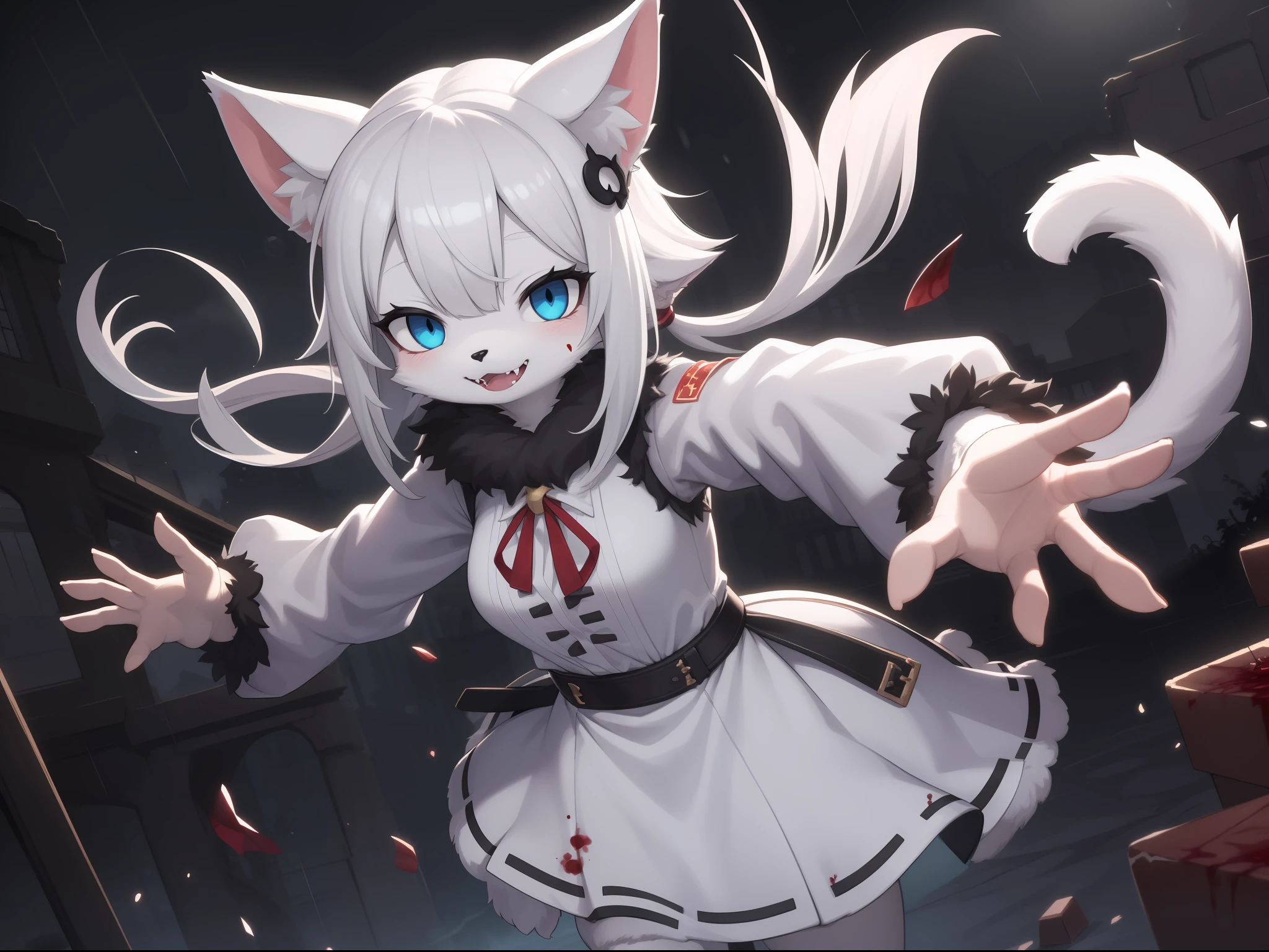 Cat Girl,was hairy,shaggy,Skin fur,White fur,Forelimb hands,hair splayed out,White ears,White face fur,White hair, hair splayed out, Shiny hair,Hairline, lowtwintails,Blue eyes,Super cute face,Empty eyes,Crazy smile, Fangs,bat hair ornament,White dress,Ambient light,Ultra-fine fur,volumettic light,dashed eyes, bangs, light and darkcontrast, ultra high def, 巨作, Super detail,Night,rains,Ruins background,blood, blood_On_clothes, blood_On_Hands, blood_On_arma, blood_Flying splashes, blood_stain,Single,Fluffy white tail