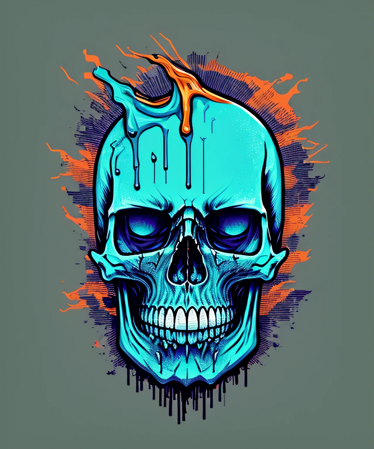 (a portrait of Cyberpunk Skull with colorful fluid l:1) , t-shirt logo in the style of tapered fine outline, orthographic-view, art on (empty background:1.4)Hands,