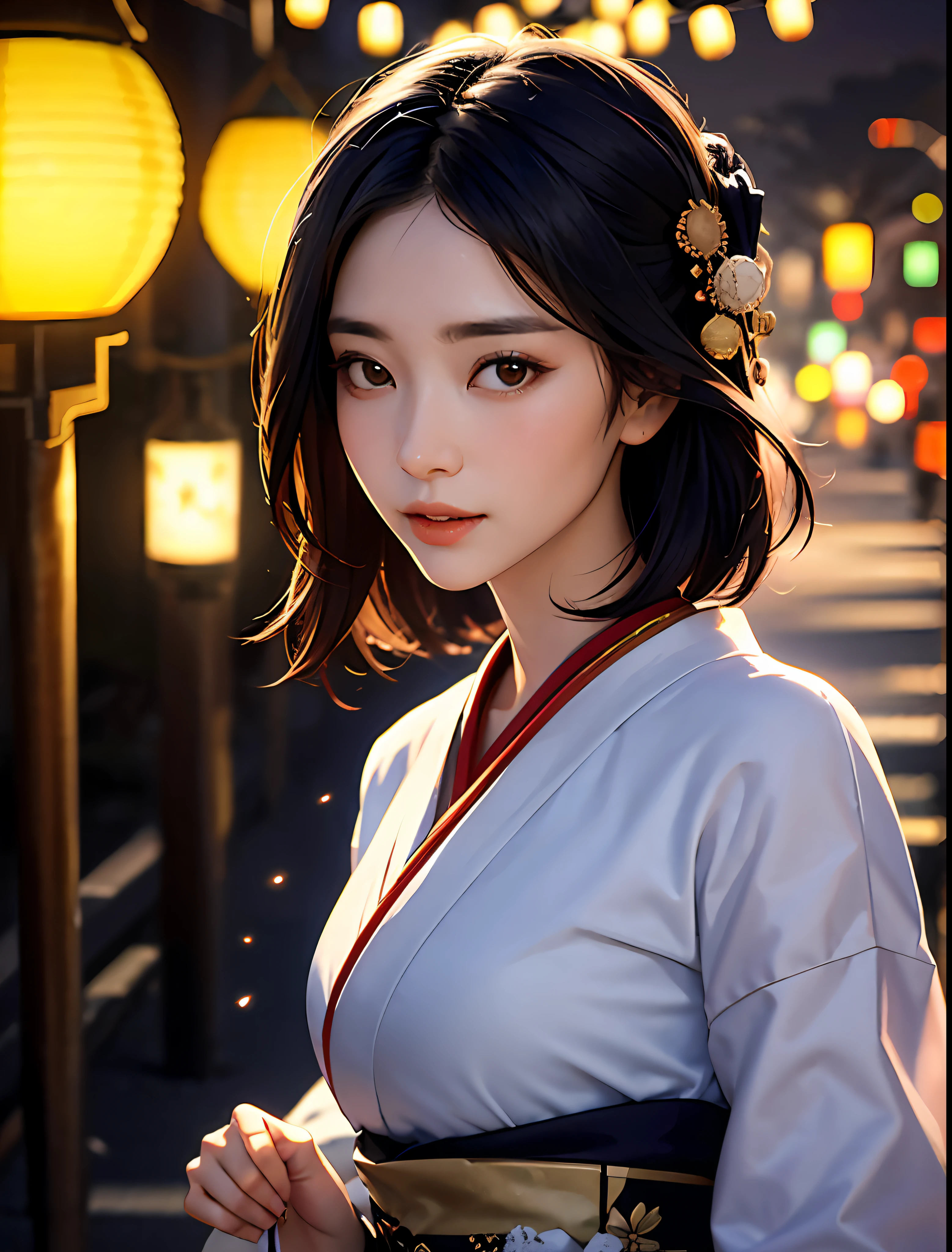 "Masterpiece, ultra-realistic geisha walking up a Kyoto street at night, illuminated by glowing lanterns and twinkling fireflies, with long and lustrous black hair gracefully swaying in the breeze, exuding a captivating beauty, looking at viewer."