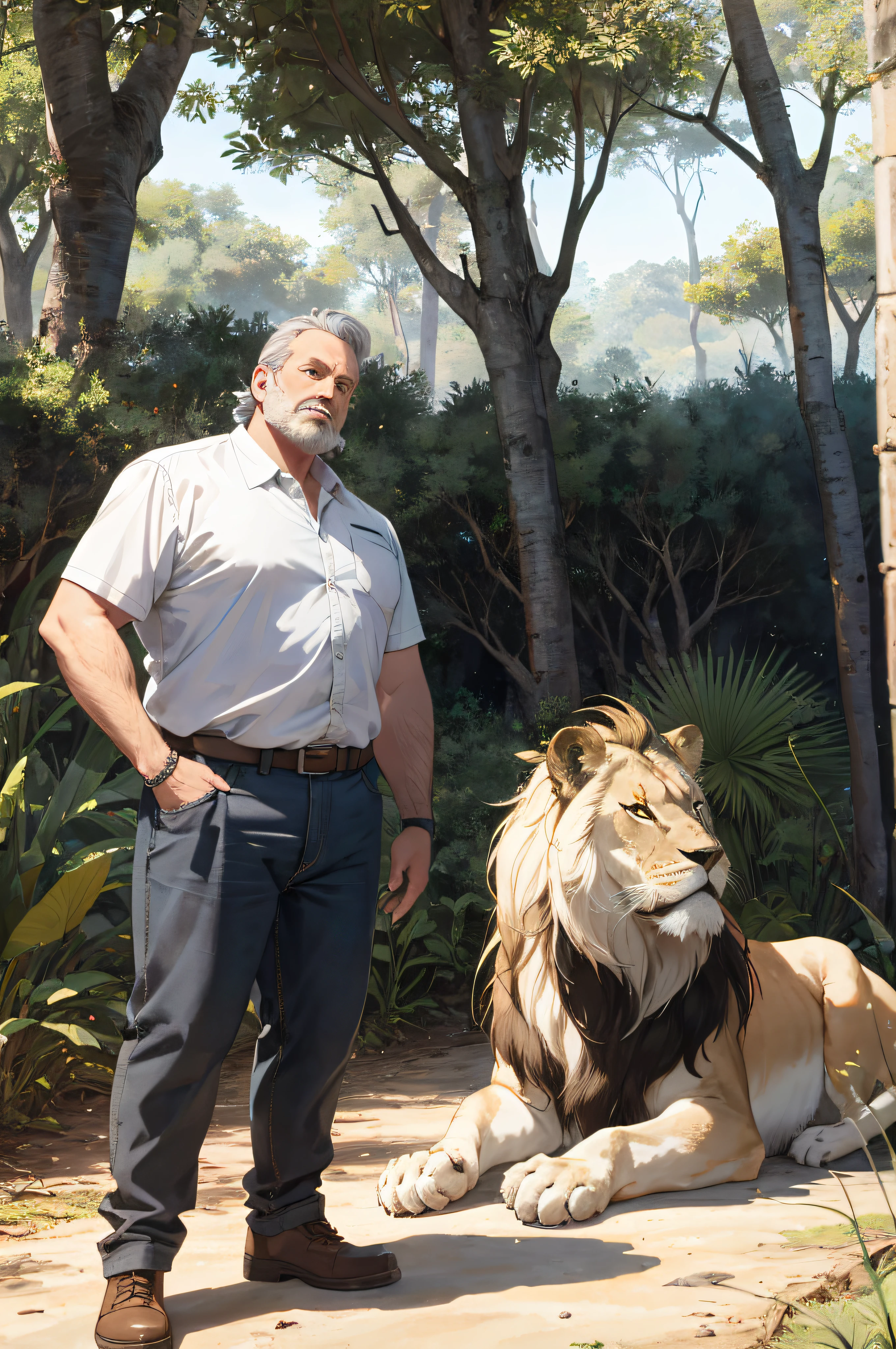 Um homem branco, brasileiro de 60 anos, gordo , calvo , lion with mane,in an African forest petting a lion