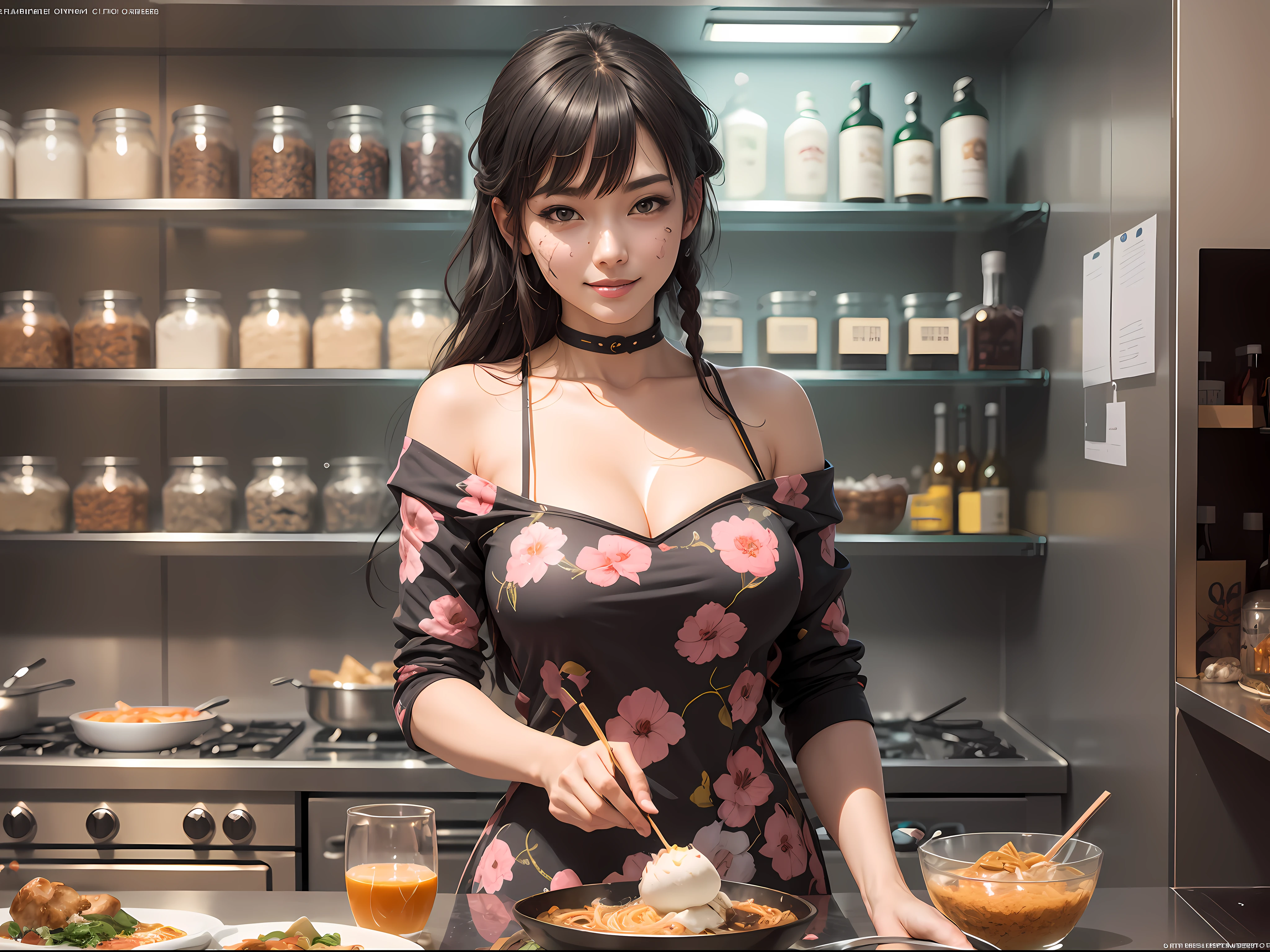 best quality, ultra-detailed, high resolution,anime screencap, unity 8k wallpaper, pov , heaping dumpling and ramen, dark ramen master, dark dumpling master,colorful dumpling dark bar,chef,two strands hanging in front,non visible underboobs,floral blouse, cute girl, (human:1),(voluptuous,well-endowed,Solo),(1lady,smoke out of the oven , ashes on face, cook),chef,20 years old,knee-length dark hair,with a fringe,black hair, two short braids hanging in front, (idolmasters),(condused face,cat eyes, pin up art),fringe, ice cream bar, cold smile ,intake,collarbone,cooking,(pin up art),High school dxd,disco bar,muscular,Chinese clothing,collarbones, cooking, epic,funny, Prison school, multiple focus