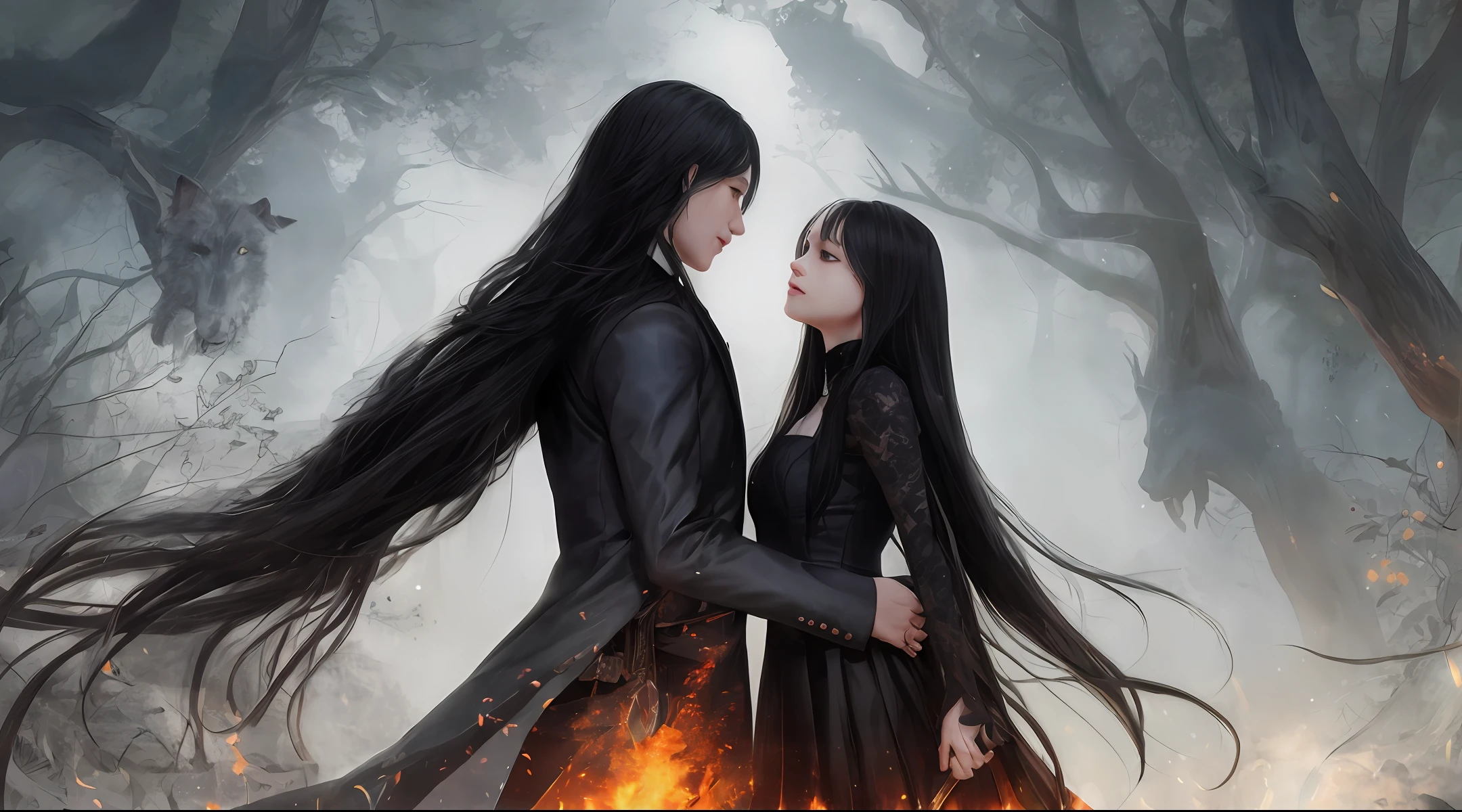 Couple: a boy with long black hair, curly, the girl with long straight hair embraced in front of the dark world of magic with vampire wolves, fairy wizards, as a background for a book cover;