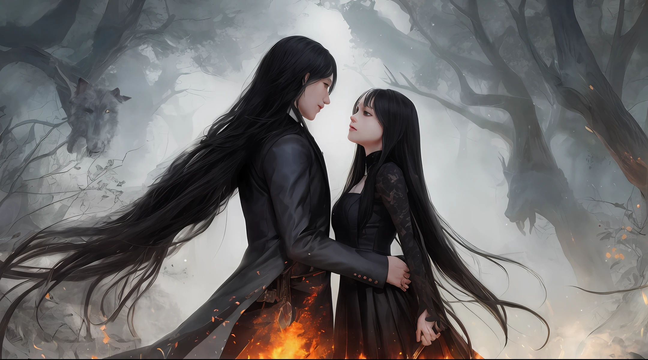 Couple: a boy with long black hair, curly, the girl with long straight hair embraced in front of the dark world of magic with vampire wolves, fairy wizards, as a background for a book cover;