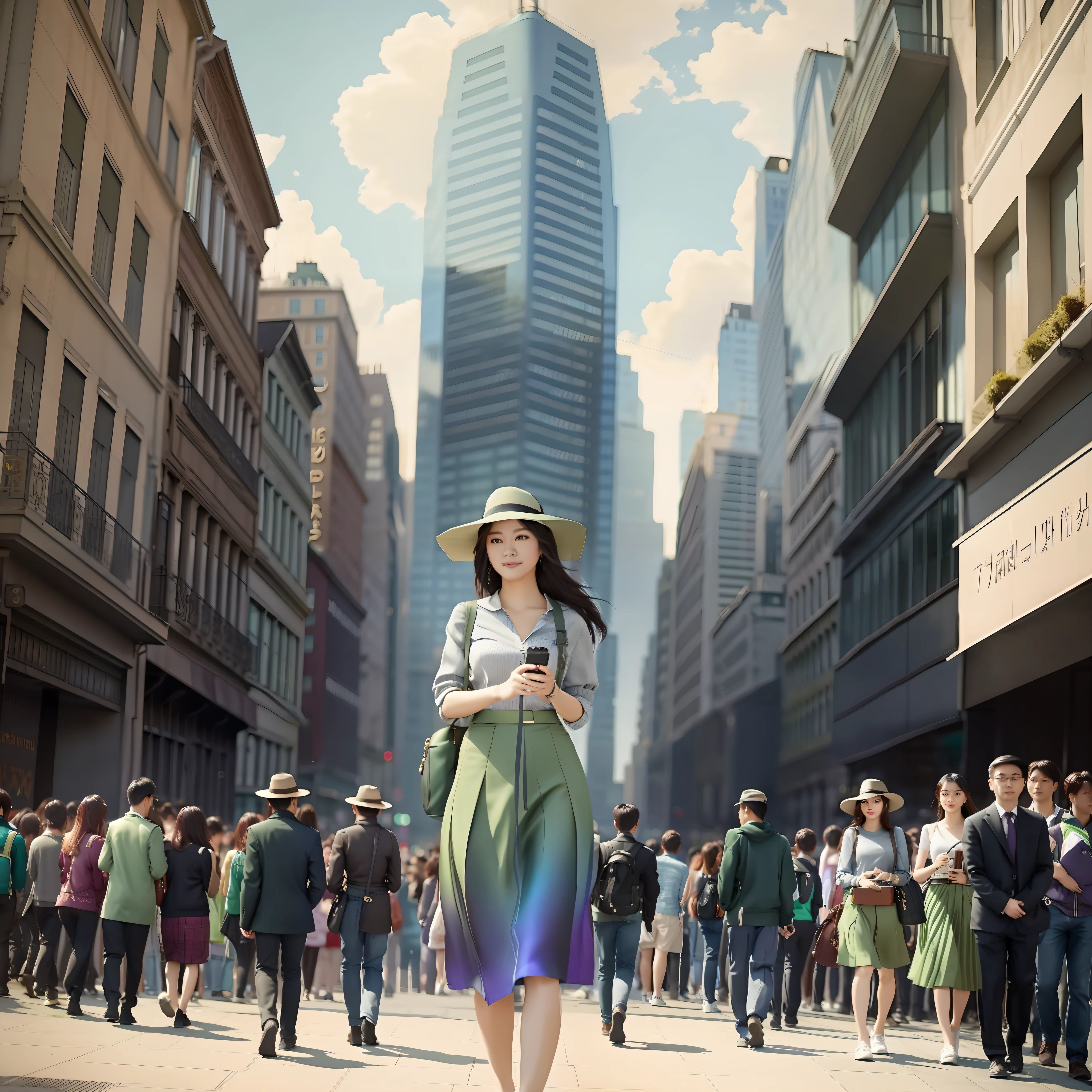 there is a woman walking down the street in a green skirt, standing in a city center, ross tran 8 k, standing on a city street, stylized urban fantasy art, guweiz-style art, by Fei Danxu, stunning digital illustration, photorealistic cityscape, on a city street, matte paint portrait shot,  Highly detailed photo of Gigantesca