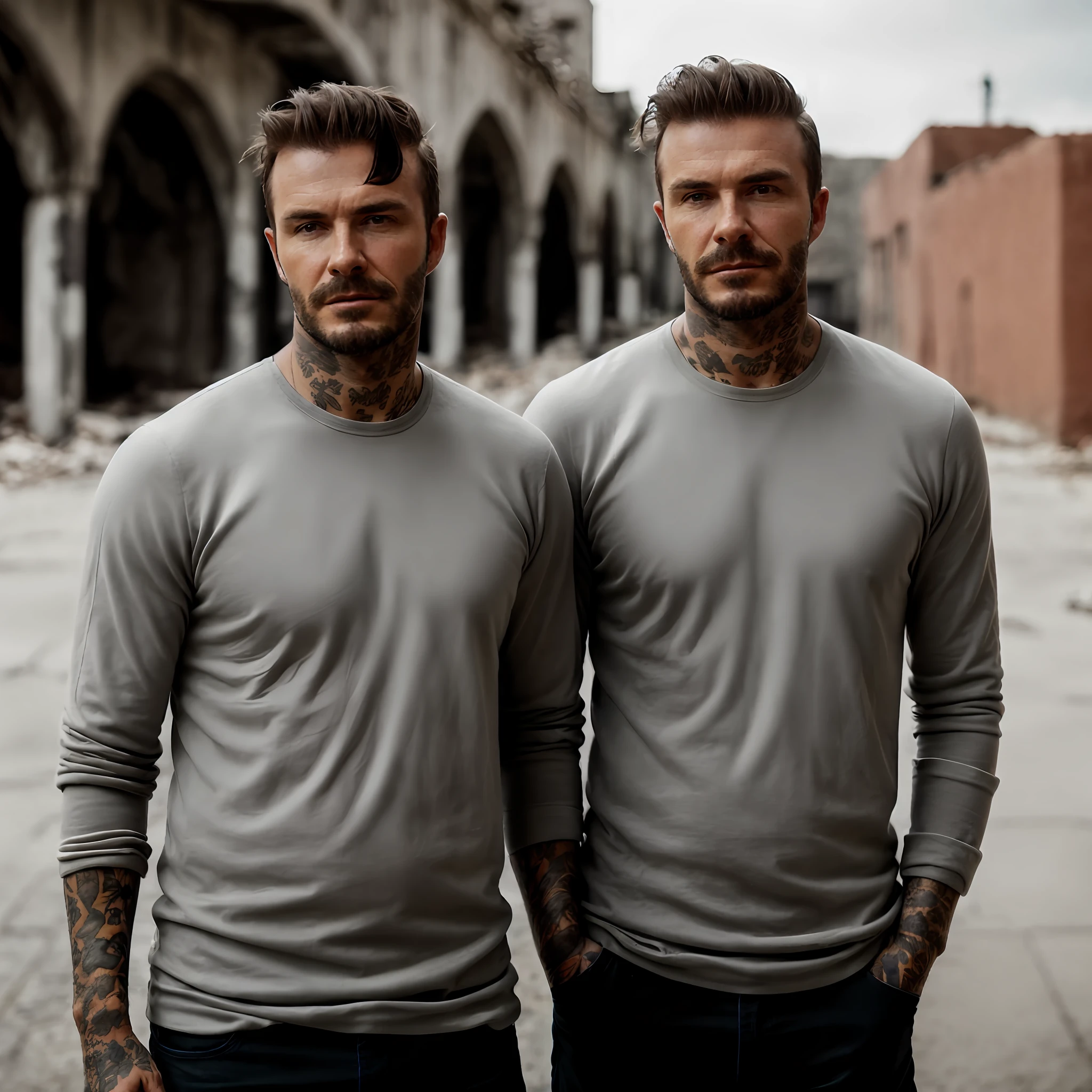 RAW photo, a close up portrait photo of brutal 45 y.o man in wastelander clothes, long haircut, pale skin, slim body, background is city ruins, (high detailed skin:1.2), 8k uhd, dslr, soft lighting, high quality, film grain, Fujifilm XT3, david-beckham,