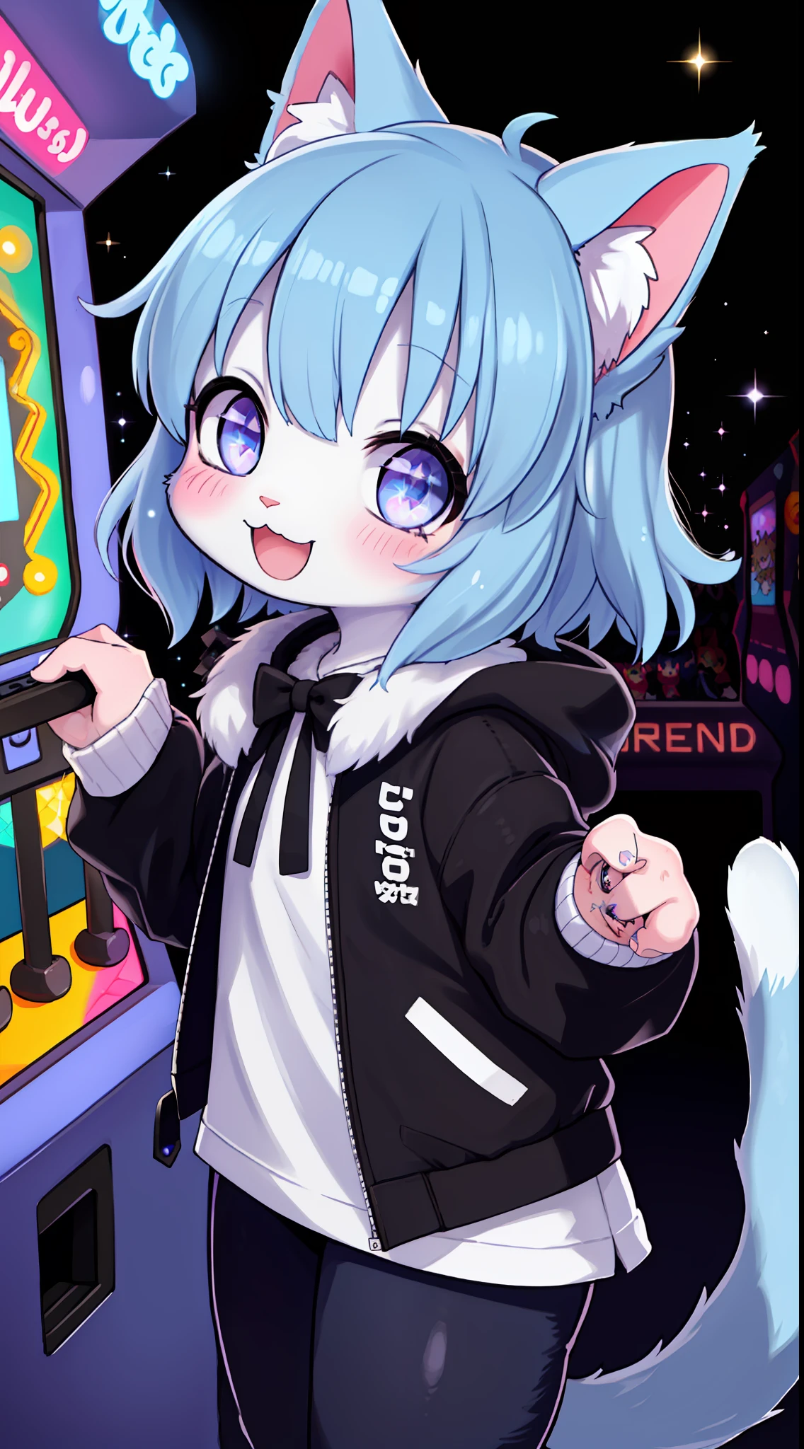 female, fluffy, hires, detailed, anime, kemono, detailed background, beautiful detail, sparkles, pixiv, cute kawaii, cat girl, (dagasi), arcade, black ribbon on the side of the head. baby blue fur, jacket, in store, :D, baby blue hair, baby blue skin, purple eyes, short hair, . :/
