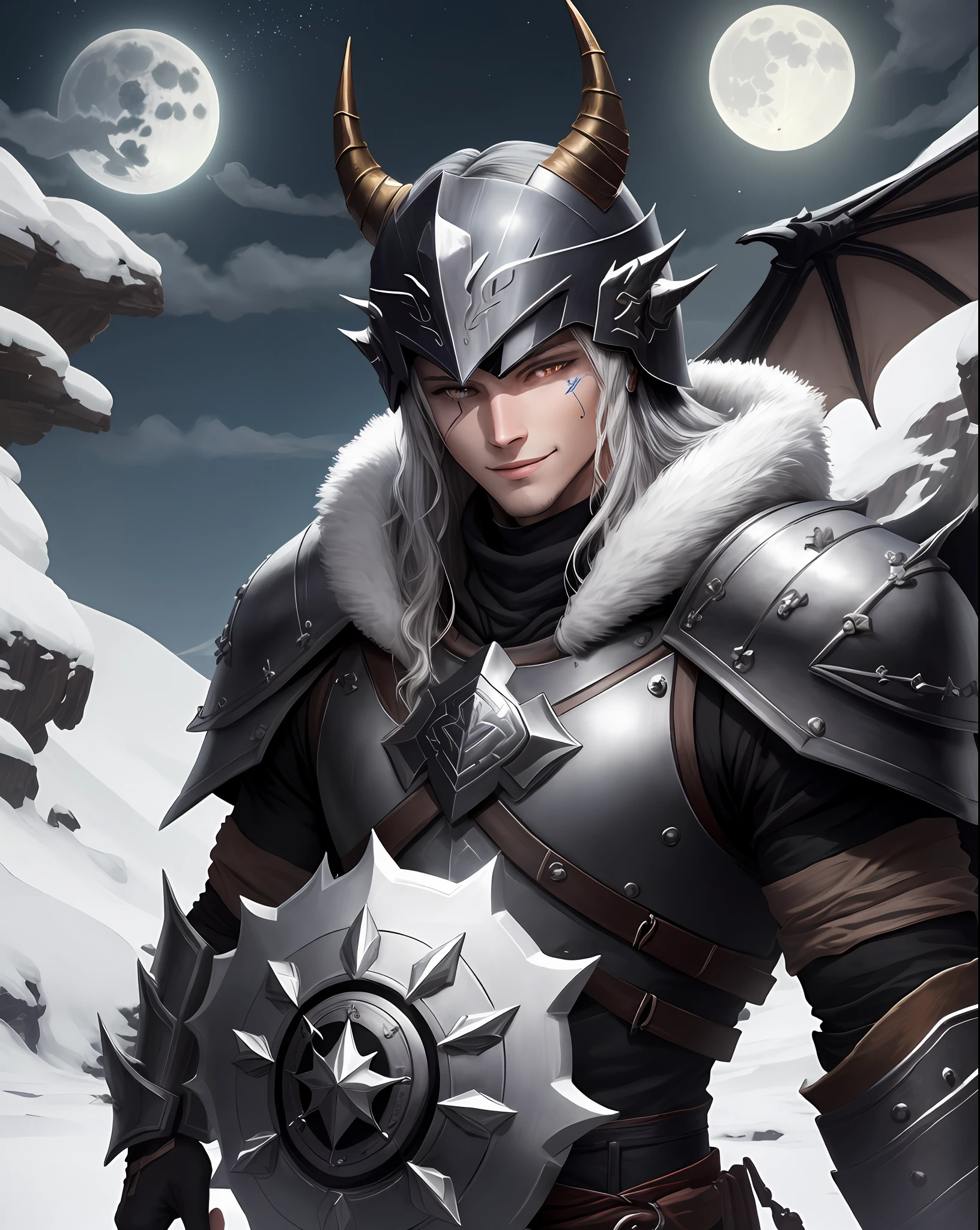 a dark Nordic cryomancer, usando armadura draconiana e espada orcish, com uma capa preta, olhos azuis, um cetro de gelo, um efeito neve, an ice dragon in the background, um sorriso, a rune tattoo on his arm, e um colar de ossos, a shield in the other hand, a horned helmet and a full moon in the sky, altamente