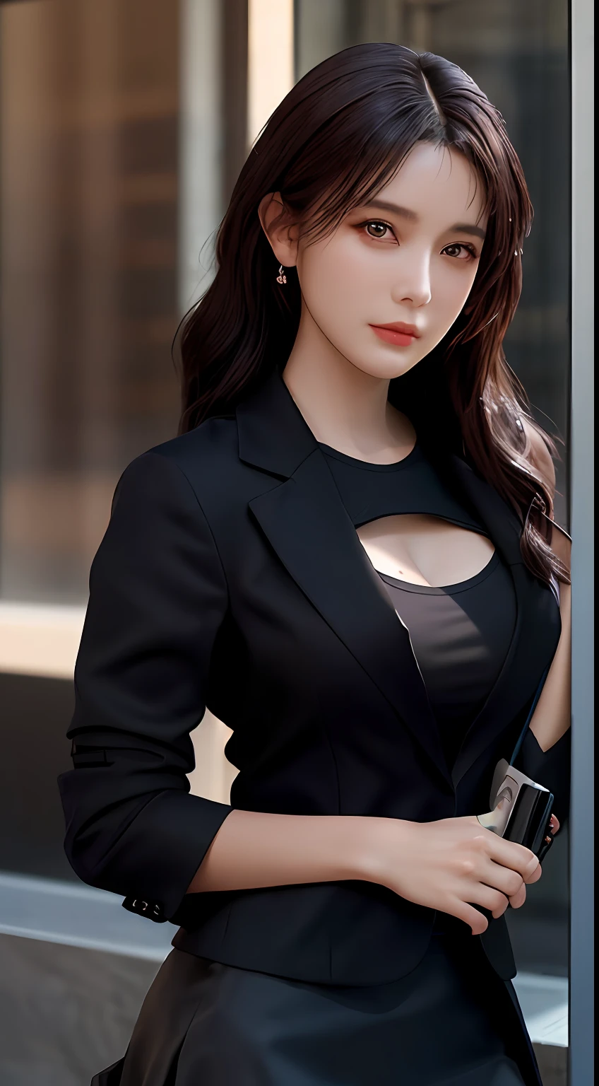 best quality, masterpiece, 1girl, Beautiful face, (photo realistic:1.3), rim lighting, (high detailed skin:1.2), 8k uhd, dslr, high quality, high resolution, 4k, 8k, Bokeh, absurdres, best ratio four finger and one thumb, (realistic:1.3), cute 1girl, wearing black formal blazer, medium breasts, short skirt,