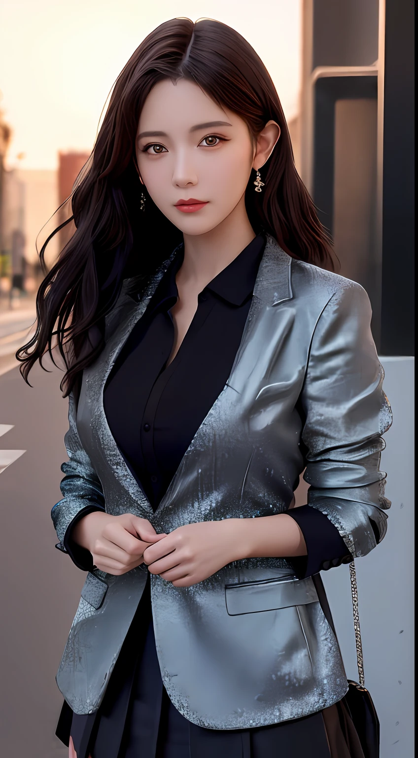 best quality, masterpiece, 1girl, Beautiful face, (photo realistic:1.3), rim lighting, (high detailed skin:1.2), 8k uhd, dslr, high quality, high resolution, 4k, 8k, Bokeh, absurdres, best ratio four finger and one thumb, (realistic:1.3), cute 1girl, wearing black formal blazer, medium breasts, short skirt,