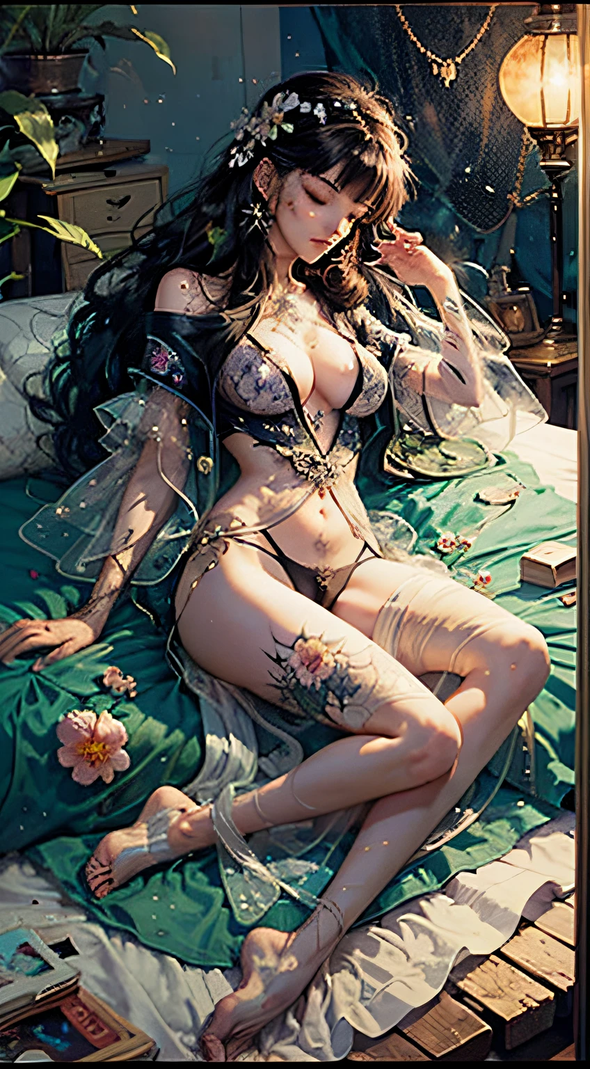 Sleeping Beauty, by Bella🦋 full body, beautiful girl sleeping, room with mirror, girl sleeping on bed and sheets, old clock and lamp on table, full body, black hair, Transparent clothing,open legs, view of pubic hair, 1 sexy girl in transparent forest clothes,exposed breasts, open transparent t-shirt,mandala and flower tattoos, La mejor calidad, Obra maestra, llustration, muy delicado y hermoso, muy detallado, CG, Unidad, Fondo de pantalla de 8k, ridiculous, huge filesize, lente muy ancha, Luz suave,Sleeping Beauty, by Bella🦋 full body, beautiful girl sleeping, full body, black hair, Transparent clothing, slight smile,, open legs, view of pubic hair, 1 sexy girl in transparent forest clothes,exposed breasts, open transparent t-shirt,mandala and flower tattoos, La mejor calidad,