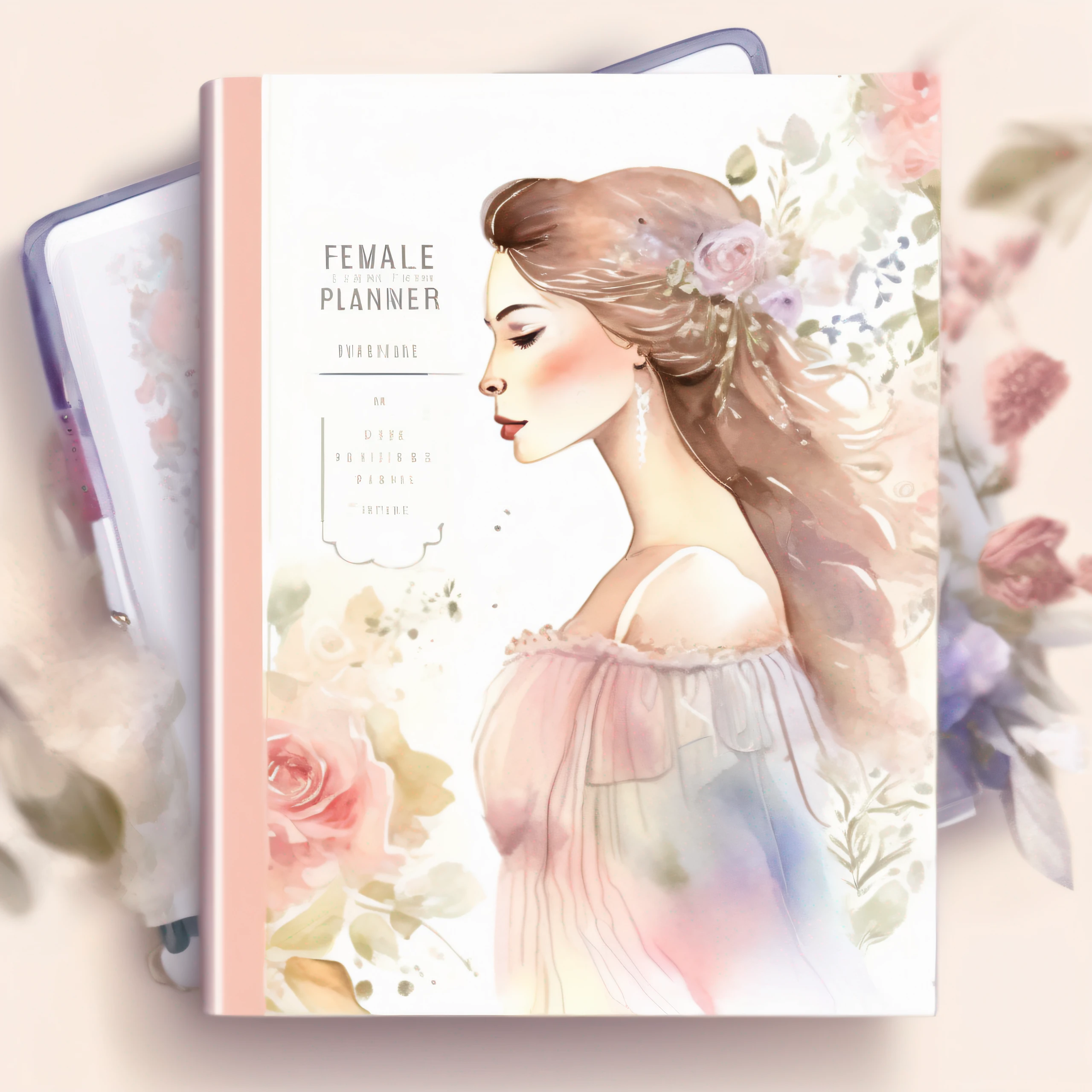 female daily planner cover graphic design. On the cover a beautiful, georges woman in a romantic style, a delicate, thin dress, beautiful colors, watercolor style