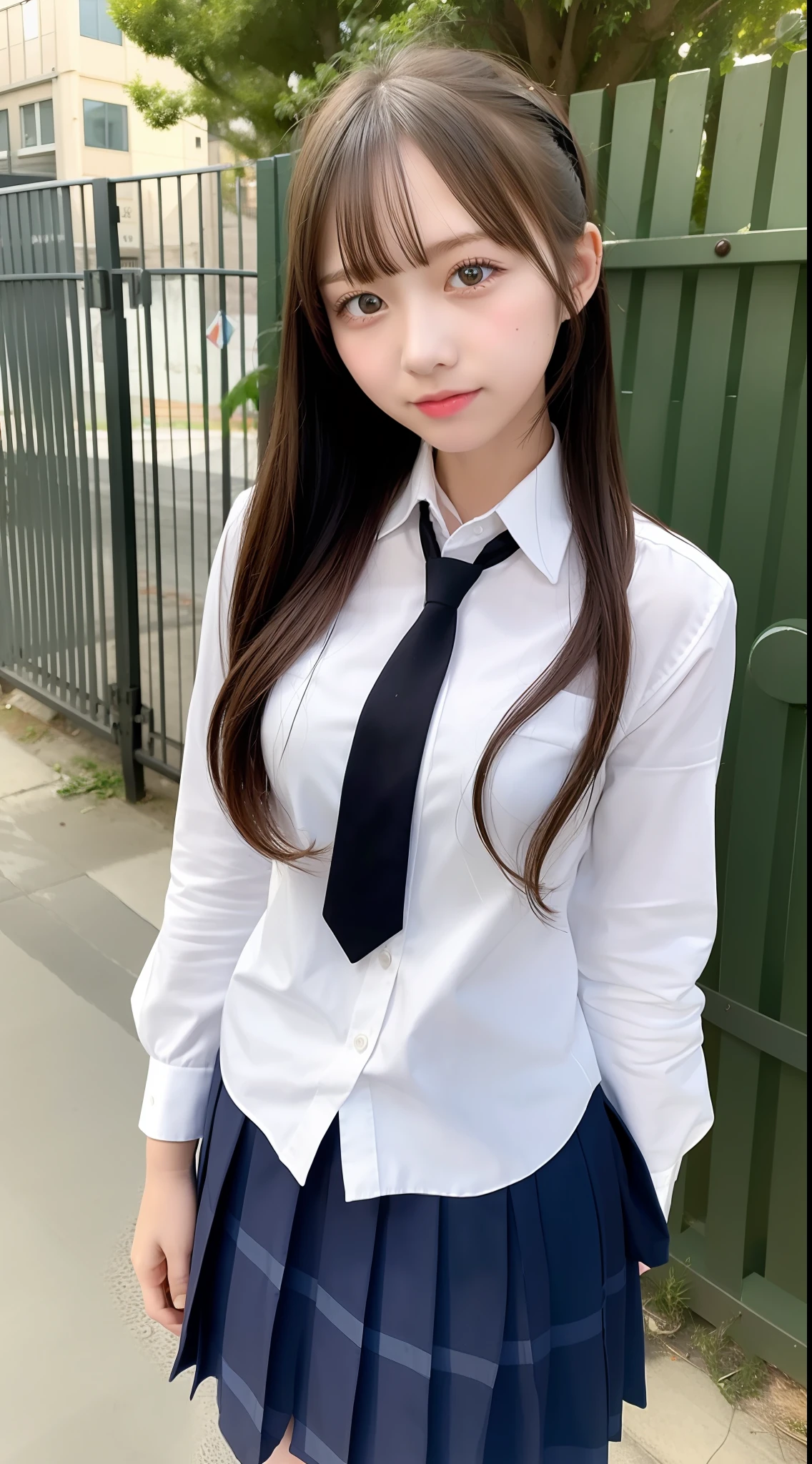 1girl, school, school uniform, gate, fence, masterpiece, best quality, highly detailed
