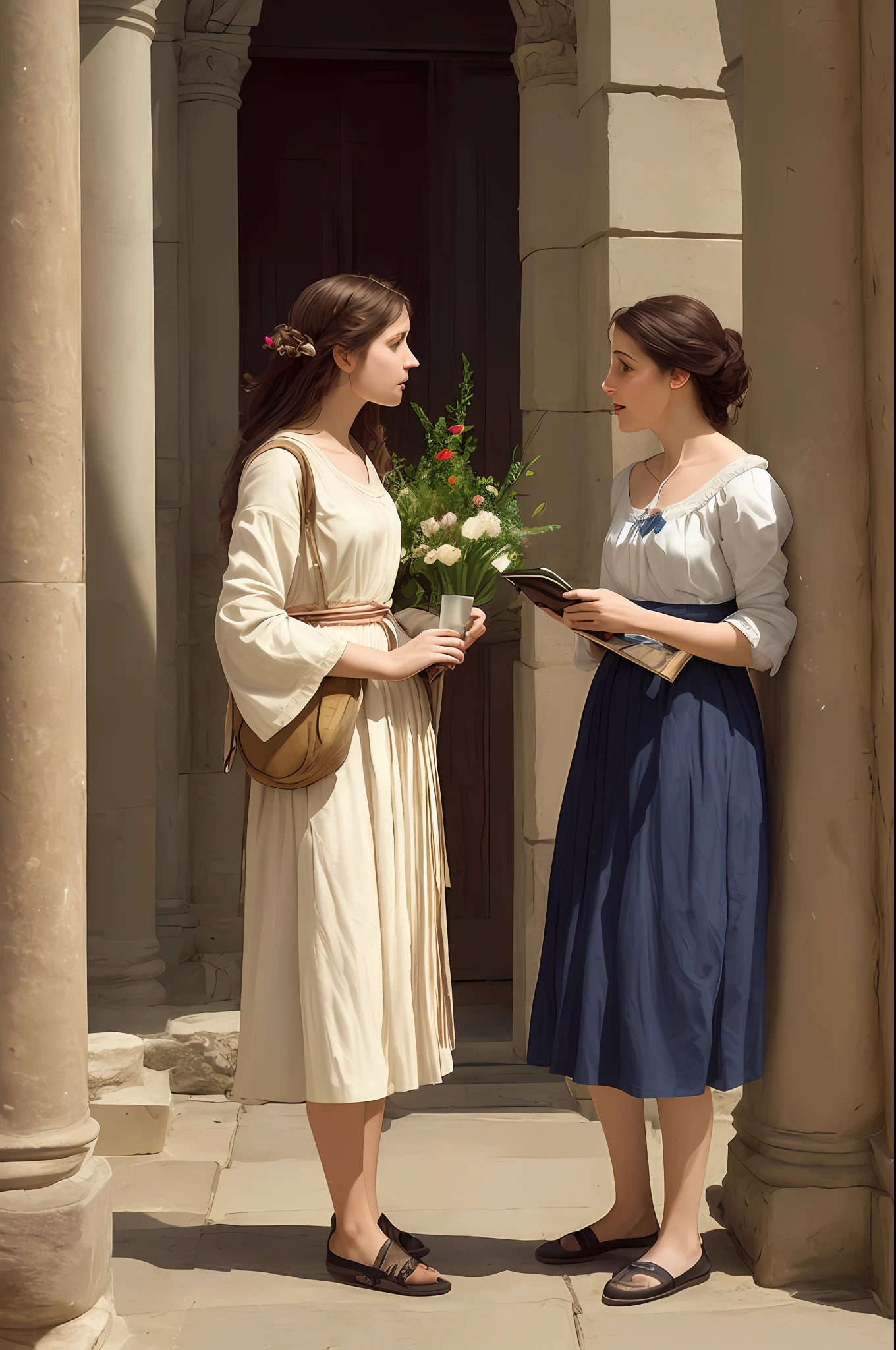 keep original image
Woman with long hair down to her feet
woman  engaged in lively conversation, immersed in the atmosphere of the ancient Greek past,  show the faces from another angle.  captured in an artistic style similar to that of Alma Tadema. The image, while a realistic visual representation, avoids showing any reference to modern technology. Instead, the scene is portrayed as if it were a classic.
without the presence of the Canon EOS 5D Mark IV camera used to :: they are singing
