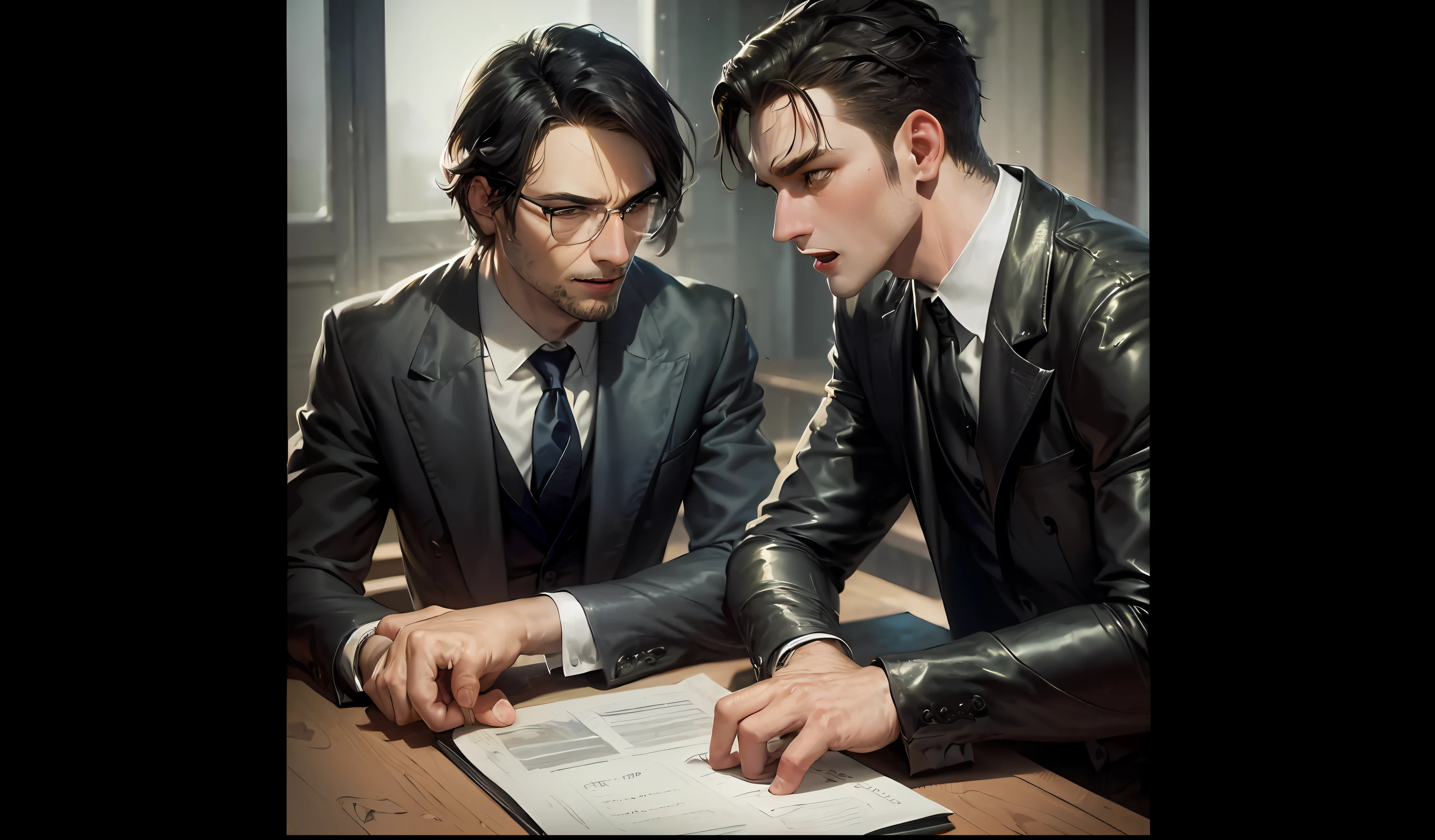 two men in suits are sitting at a table with papers, Darius Zawadzki e Tom Bagshaw, maarten schröder and tom bagshaw, Edmund Blair e Charlie Bowater, Tom Bagshaw e Tom Richmond, Charlie Bowater e Tom Bagshaw, Directed by: Galen Dara, Artgerm e Genzoman