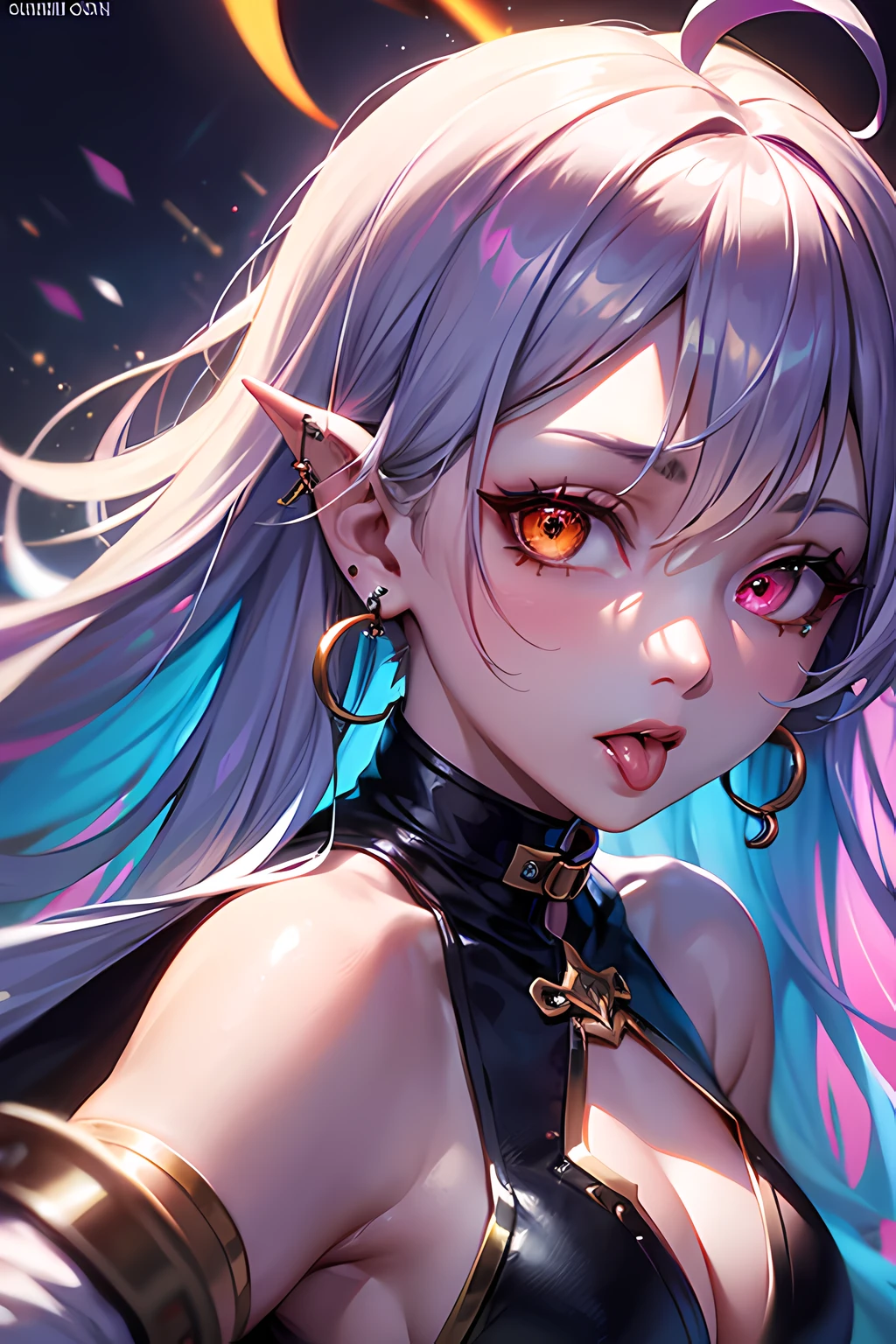 Textured skin、A masterpice、of the best quality、(Cinematic lighting)、award wining、anatomically correcte、from outside、{Glitter Effect}、woman kngiht、rainbow hair、Ahoge、Crazy eyes、(Glowing eyes)、mismatched sclera、Tongue stock、Tons of piercings、nose piercing、pirate、seas、