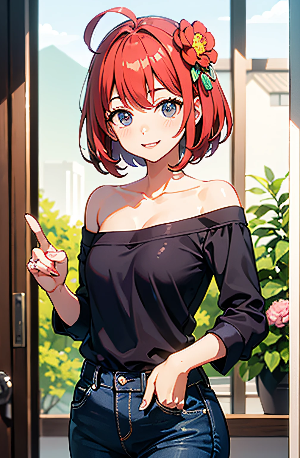 Gentle and attractive beautiful Chinese woman、half body photo、smile on face、red hairs、Peony hair ornament、bobhair、Ahoge、Delicate and sexy collarbone、charming oval face、双眼皮、Bright peach blossom eyes、Pink lips、a small nose、bare shoulder、Focused face、facial close-up、Ultra-high-resolutiondefinition、super detaill、Elegant standing position、Pointing、Black polo shirt、High-waisted navy blue jeans suit and match