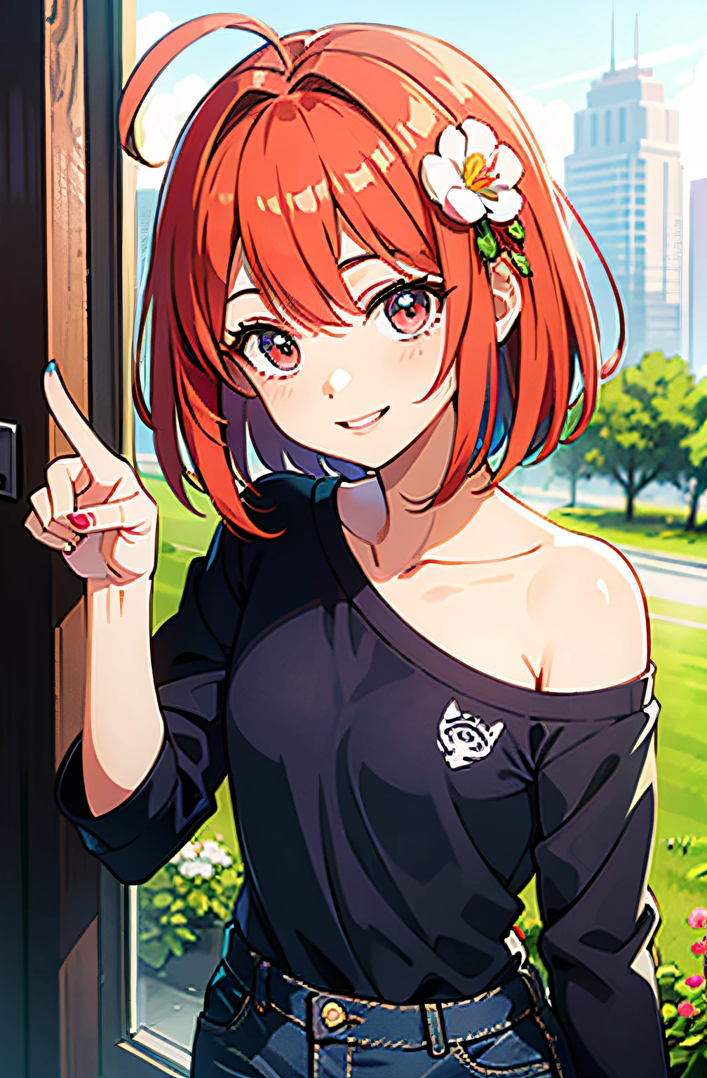 Gentle and attractive beautiful Chinese woman、half body photo、smile on face、red hairs、Peony hair ornament、bobhair、Ahoge、Delicate and sexy collarbone、charming oval face、双眼皮、Bright peach blossom eyes、Pink lips、a small nose、bare shoulder、Focused face、facial close-up、Ultra-high-resolutiondefinition、super detaill、Elegant standing position、Pointing、Black polo shirt、High-waisted navy blue jeans suit and match