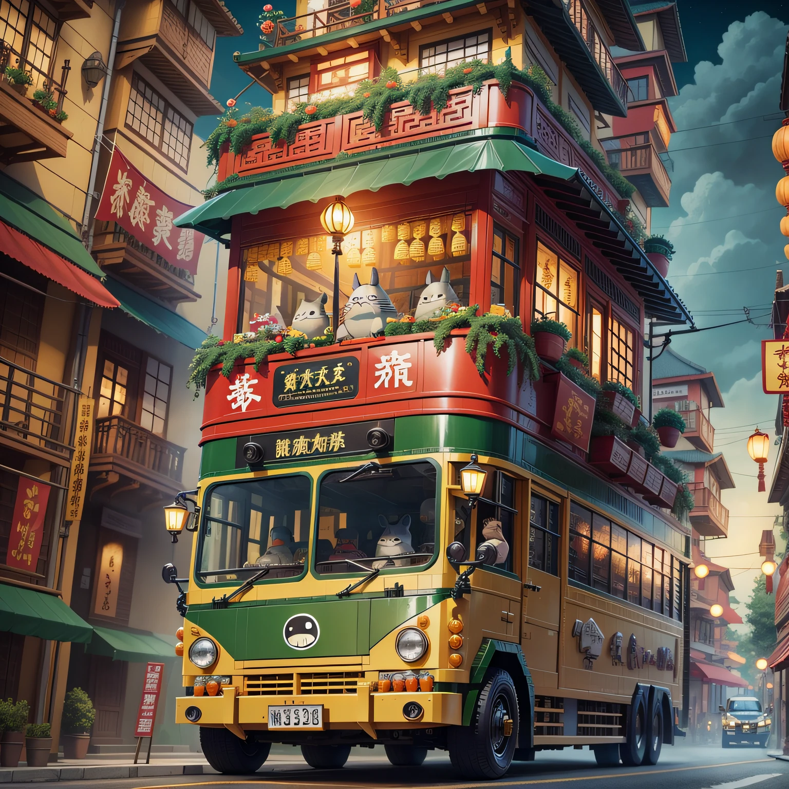 Farbe, kawaii, niedliche Farben ,scifi, tram Comical yellow tram, happy driver, Berlin zieht an, kurzes dunkles Haar, lachend, fun, green city, Tiere, Pflanzen, buildings, Hintergrund, Please describe a vivid and humorous scene with a bright yellow cartoon tram, die von einem gut gelaunten Fahrer gefahren wird. The driver should be wearing the traditional attire of a Berlin tram driver and have short dark brown hair. Their face should be filled with laughter, exuding a contagious sense of enjoyment. The tram should be located in a vibrant green city, which is decorated with a variety of animals, wie z.B. eine Katze, as well as lush plants and distinctive buildings. Die Stadt soll als Kulisse dienen, slightly less prominent than the tram, and the scene should be set during daytime. The tram runs on a rail and is very yellow Victory Column of Berlin in the background and the Elephant Gate