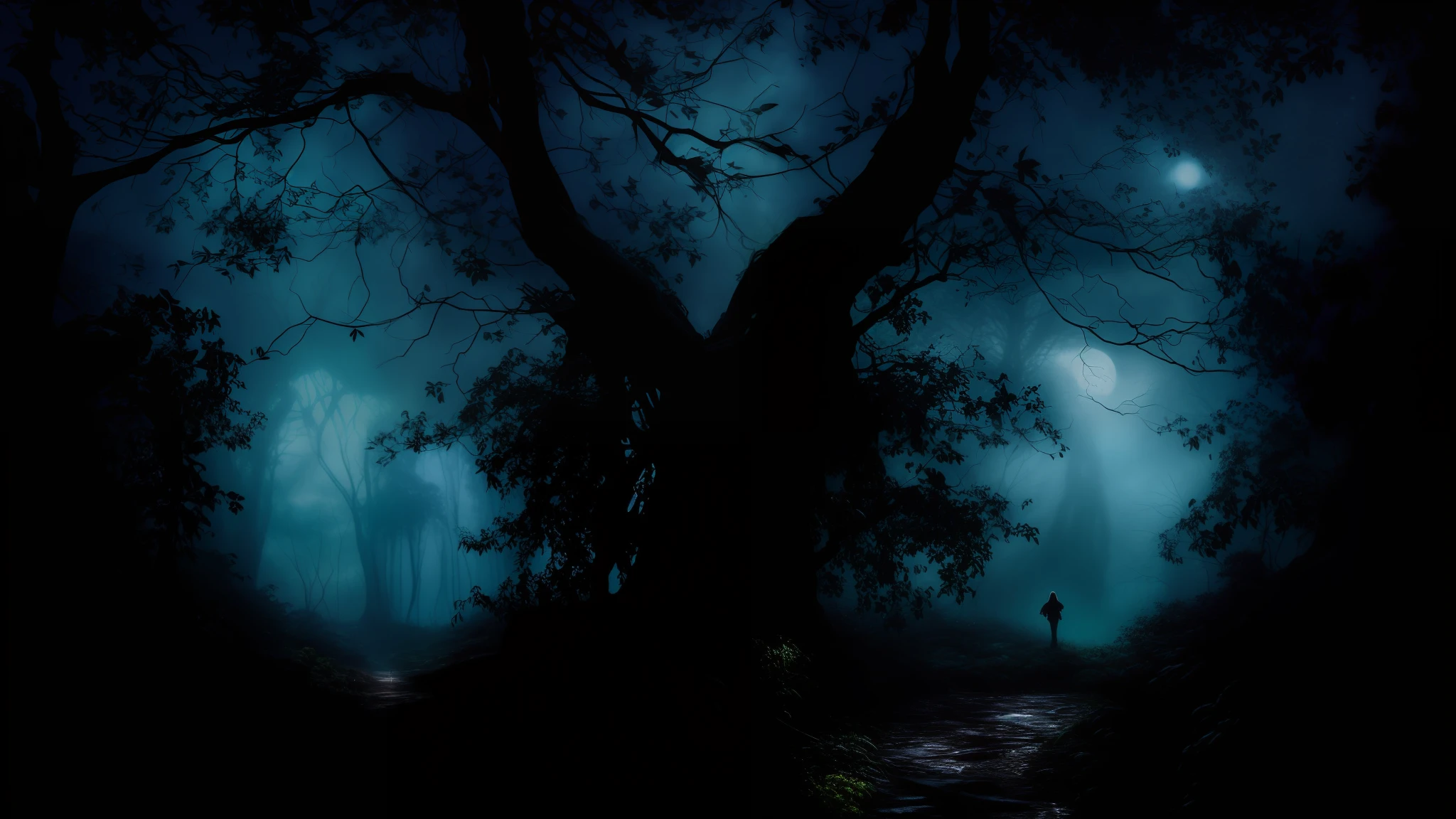 There is a dark forest with a tree and a woman in the middle, scary magical background, fundo escuro da natureza, darkness's background, fundo escuro da fantasia, arte digital de fantasia sombria, Uma floresta maligna, horror abstrato, teares escuros da floresta, numa floresta feita de pesadelos, floresta escura assustadora, Slenderman na floresta, noite escura camuflada, floresta de fantasia escura