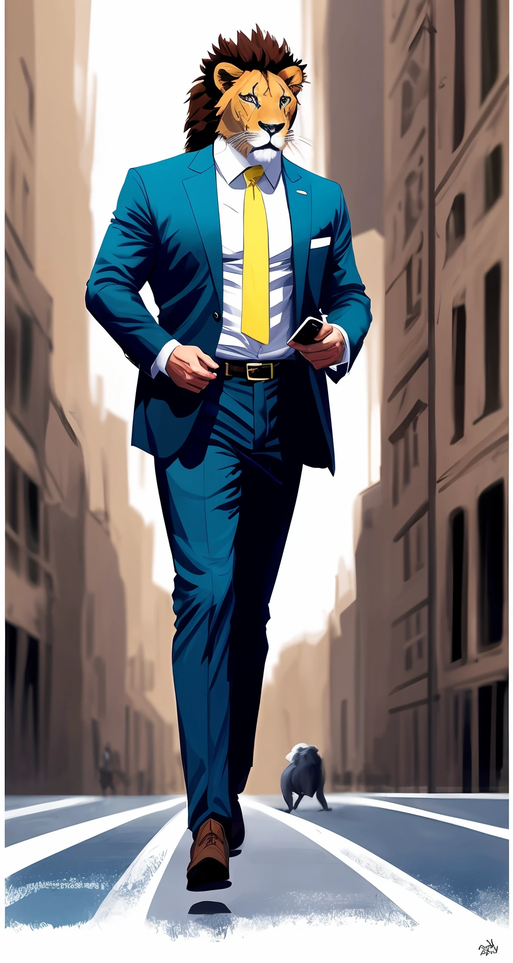 a lion in a blue suit and white shirt and yellow tie walking down the street muscled answering a call on the red cell phone with bodybuilder shape with more details and green eyes, sharp focus, illustration, concept art, art station best of 2023 on