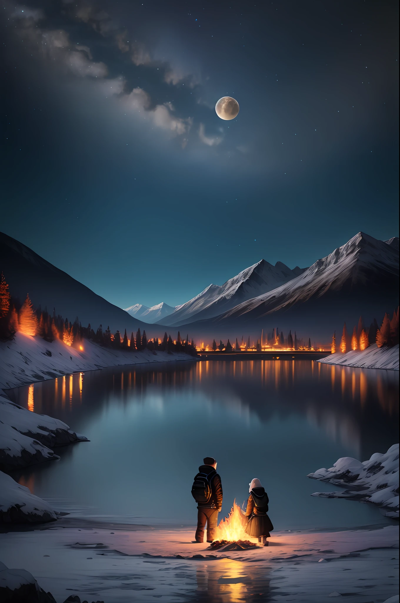 A very starry night. Giant Moon Beyond the Mountains. Calm lake, Reflective Night. Realistic scene, Detailed, photo realism, 8k images, embroidery, (two people neon ice and glowing fire), sfx, raw, rtx, vfx, hdr, uhd, 32k